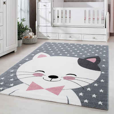 Kinderteppich Niedliches Katze design, Carpetsale24, Läufer, Höhe: 11 mm, Kinderteppich Katze Design Rosa Baby Teppich Kinderzimmer Pflegeleicht