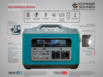 Könner & Söhnen KS 3000PS-FC Powerstation (1 St), USB Type-C PD 100 W 2 x DC 12V LCD-Anzeige LED-Leuchte 4 W mit SOS-Mod