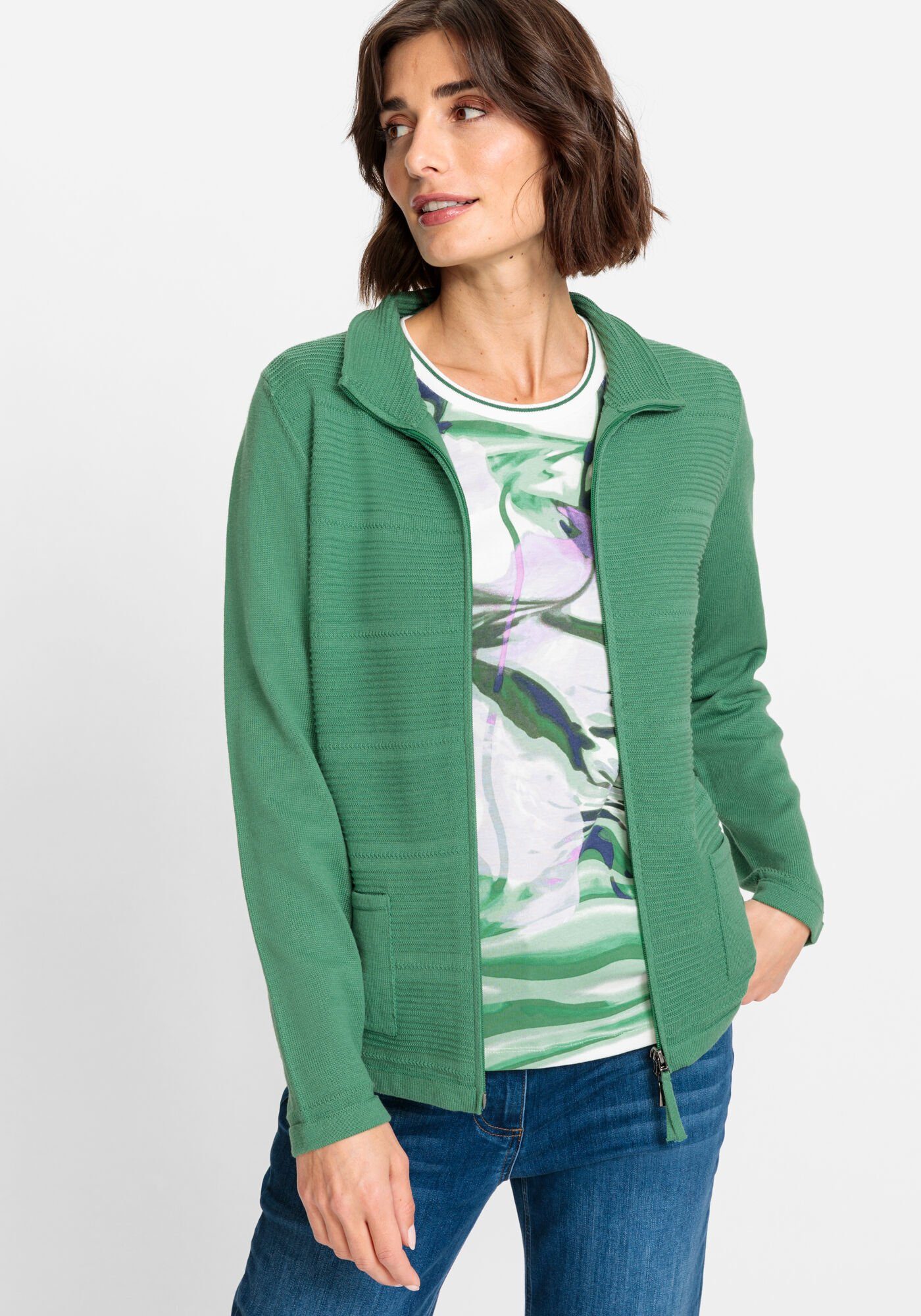 Olsen Cardigan Eva im Green und mit Laurel Reißverschluss unifarbenen Design