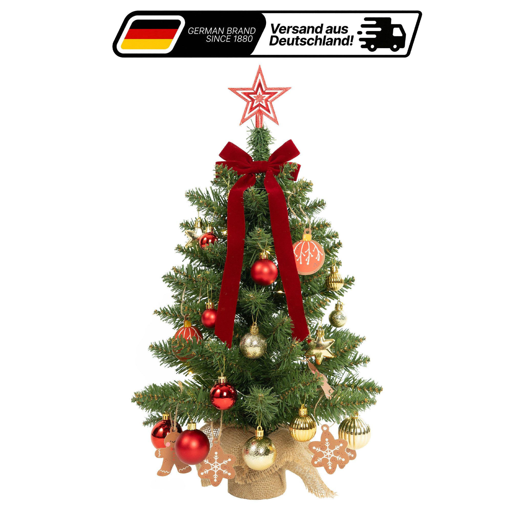 Aurelia Home Echter Weihnachtsbaum Mini-Weihnachtsbaum mit LED-Lichterkette und Deko, 60 cm, Nordmanntanne, Wiederverwendbar, vielseitig, pflegeleicht, umweltfreundlich