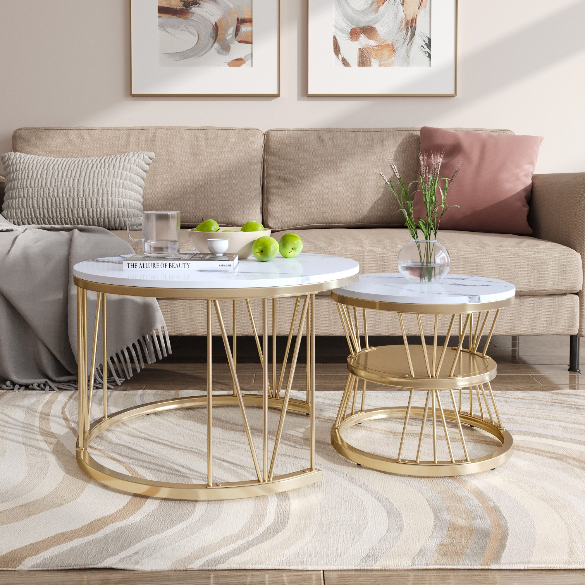 NMCXXO Couchtisch Elegantes 2er Set Couchtische aus Metall und Marmor (2-St., Platzsparendes stapelbares Design), Moderne, robuste Beistelltische im industriell – Bild 2 von 5