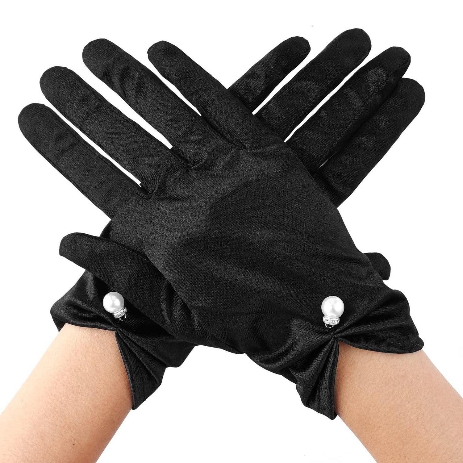 LuxusKollektion Abendhandschuhe Handschuhe Damen Satin Kurz Spitze Perlen Schwarz/Weiß (1-St)