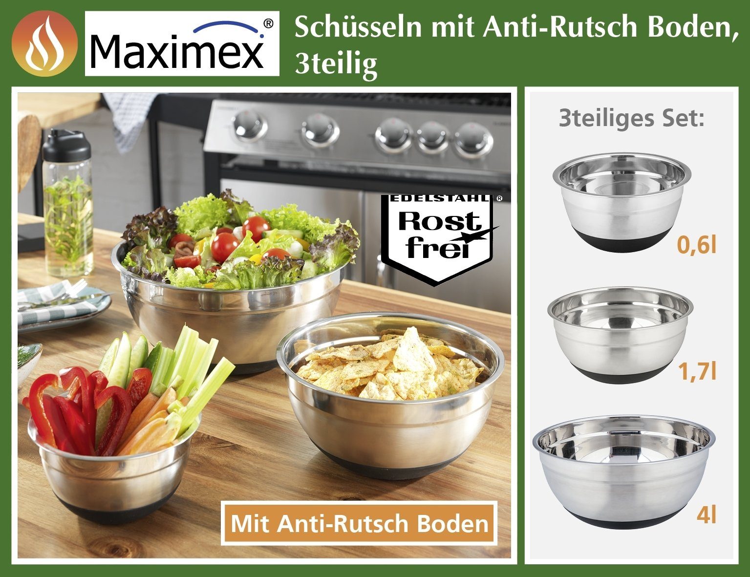 Maximex Schüssel Schüssel mit Anti Schüssel 3tlg., Edelstahl, (3-tlg), Silikon, Rutsch : Boden : Rutschfest Boden