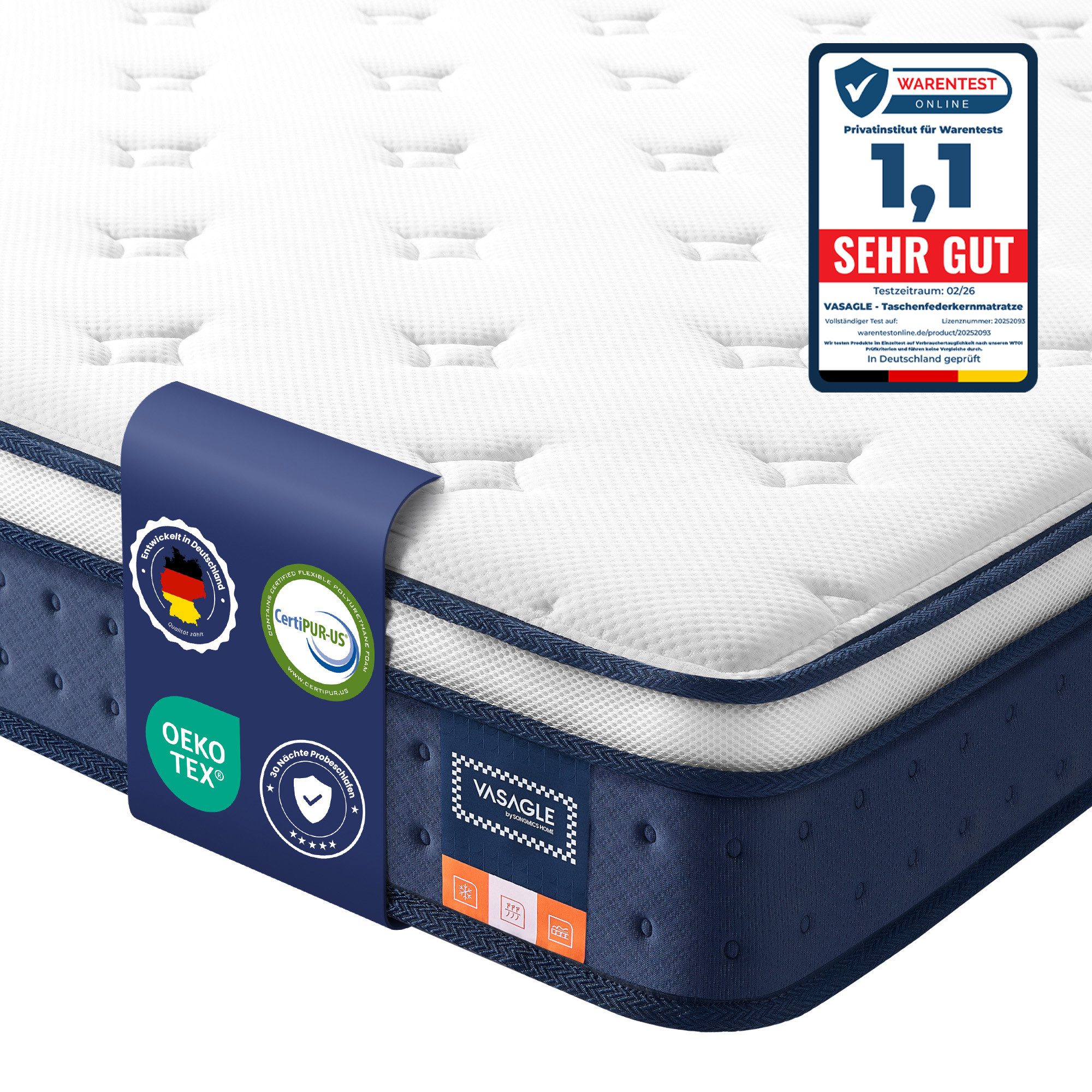 Taschenfederkernmatratze Federkernmatratze, VASAGLE, 20 cm hoch, Matratzen aus Gel-Memory-Schaumstoff, mittelfest,7-Zonen-Unterstützung