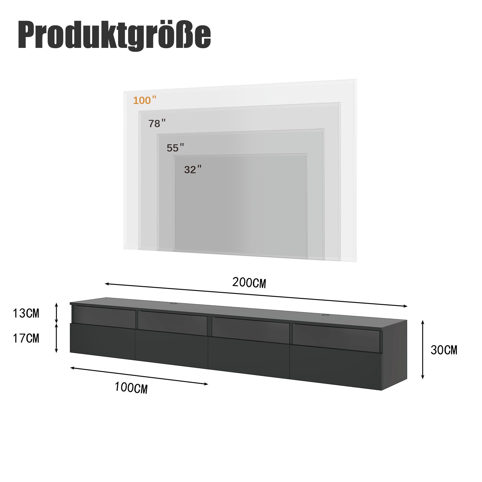 radelldar Lowboard mit LED-Beleuchtung, TV-Schrank, hängend (2 St), 200 cm breit, griffloses TV-Board, 4 Schubladen mit Acryl