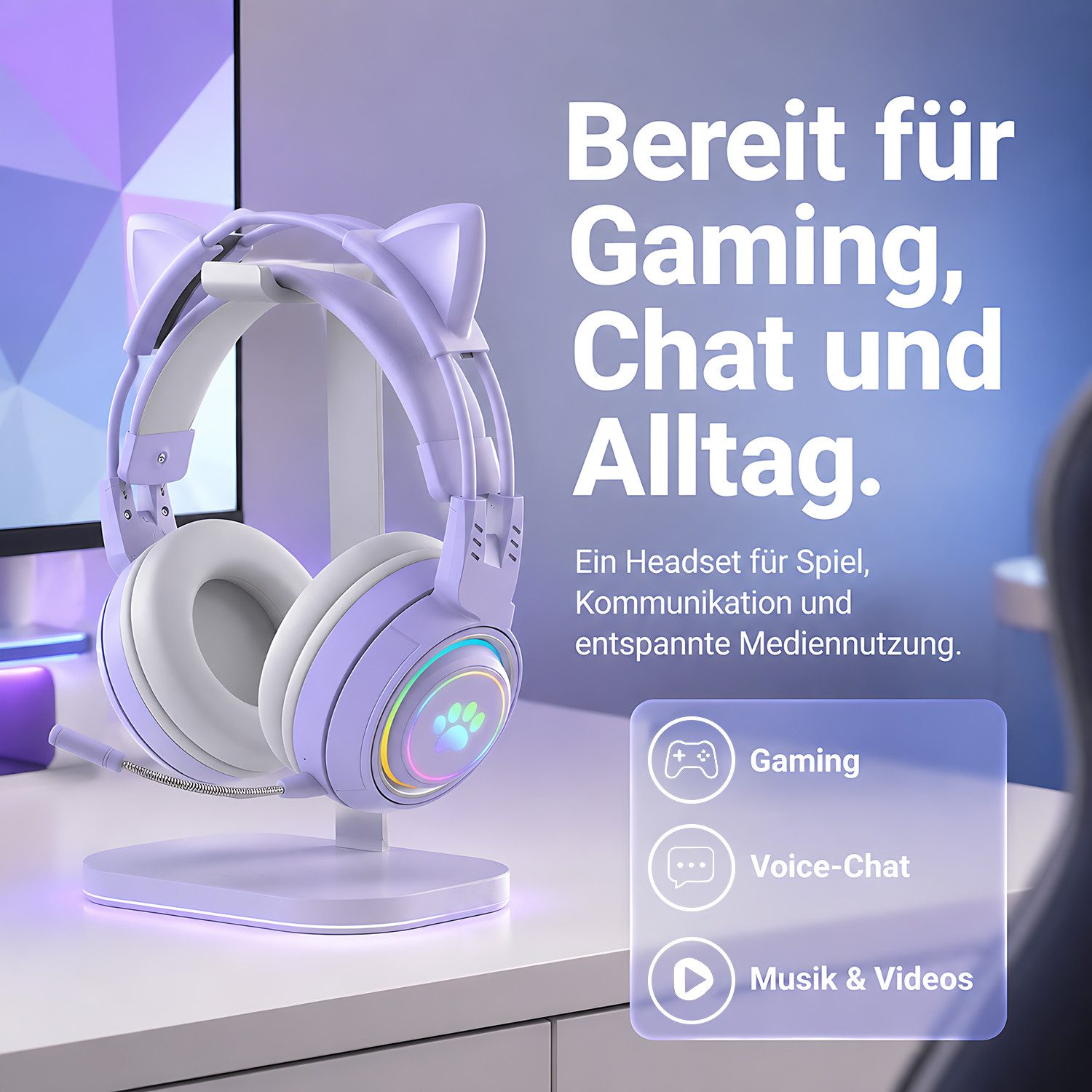 AIMAX Kabelloser Over-Ear-Kopfhörer RGB mit Mikrofon und Noise-Cancelling Bluetooth-Kopfhörer (Gaming-Headset mit Katzenohren und Hirschohren abnehmbaren für Ki – Bild 5 von 5