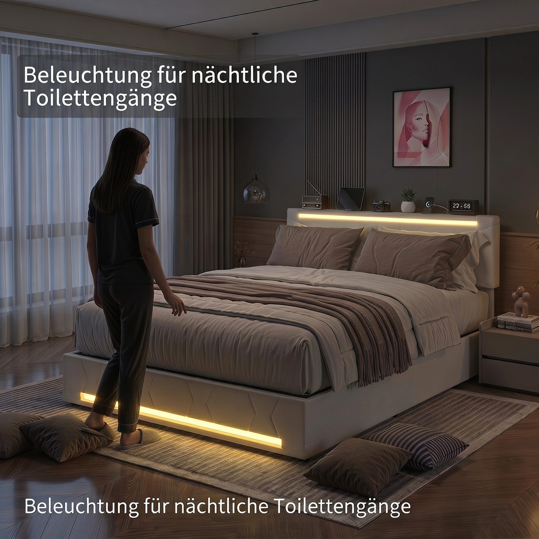 PXloue Polsterbett Modernes Polsterbett mit LED-Beleuchtung (Höhenverstellbares Kopfteil), Bettkasten, Ladefunktion, Leinen, 140x200 cm