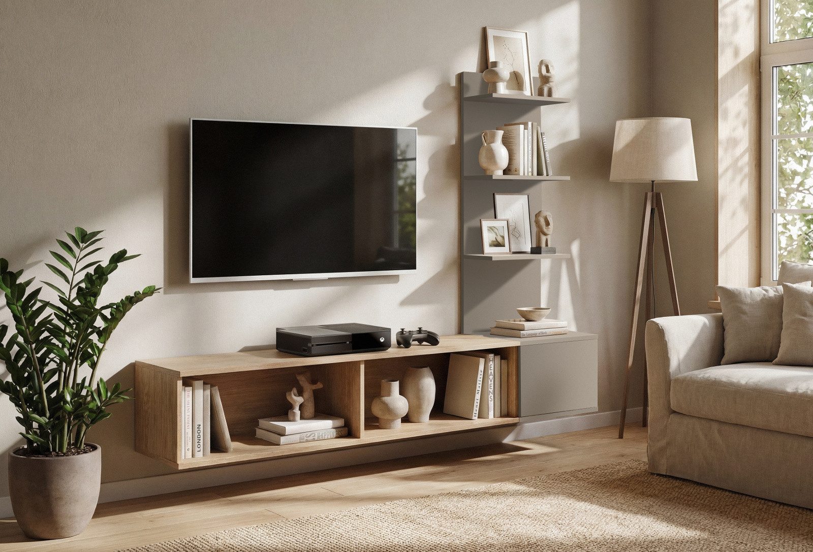 Inn.Furn Lowboard Sense (Set inkl. Wandpaneel mit Regal, 3 St., in Eiche mit Lehm Grau, Breite 180 cm), Soft-Close-Funktion und Push-To-Open