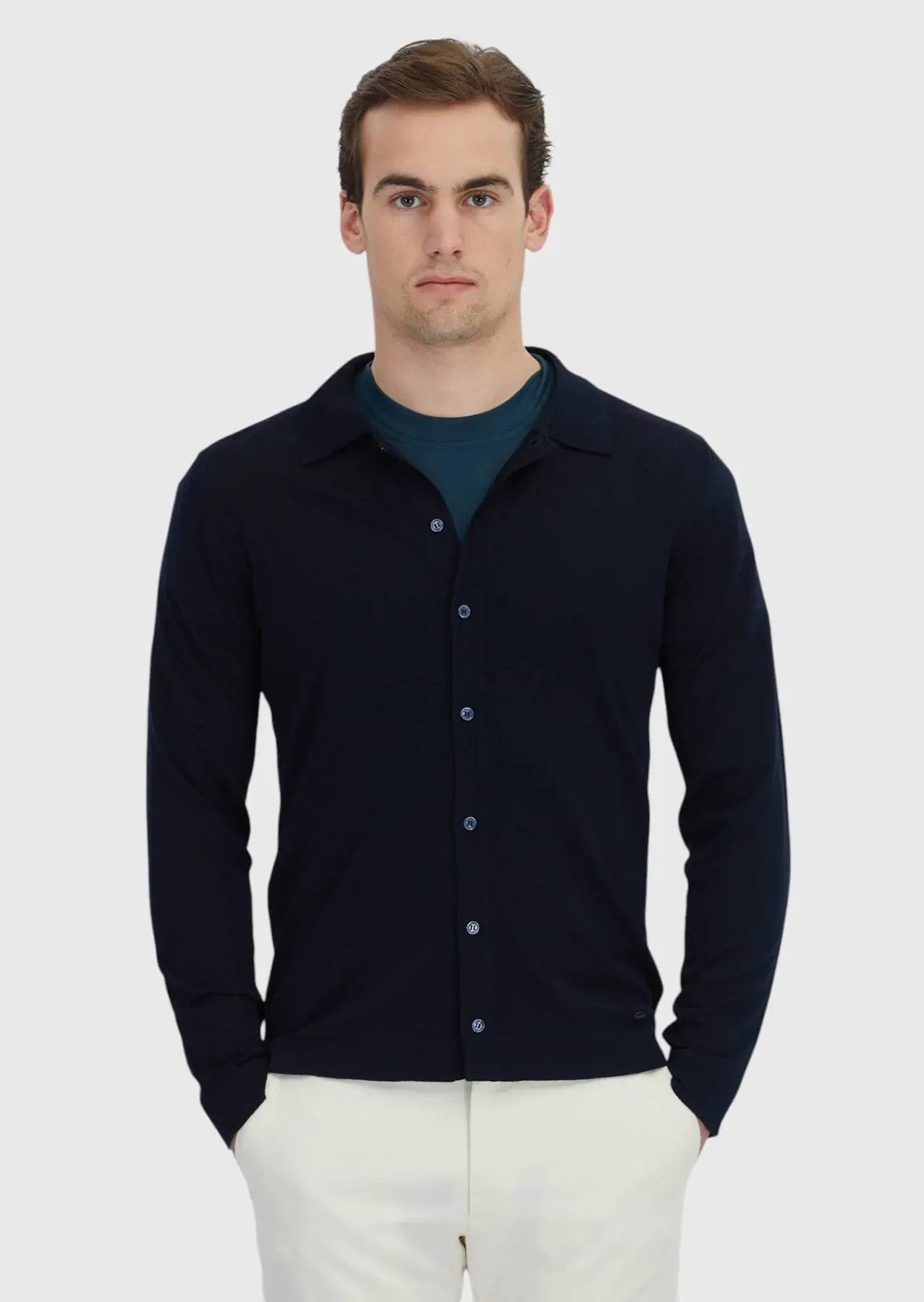 RAMSEY Longpullover Marineblaue Strickjacke mit Rollkragen aus Wollmischung