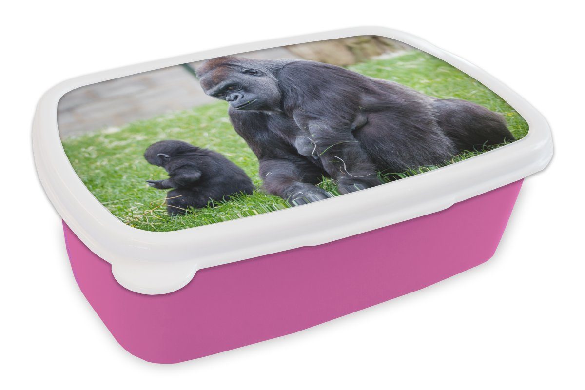 MuchoWow Lunchbox Kunststoff großer Kinder, Brotbox mit Baby, Mädchen, für Erwachsene, Snackbox, (2-tlg), Brotdose Ein Kunststoff, rosa seinem Gorilla