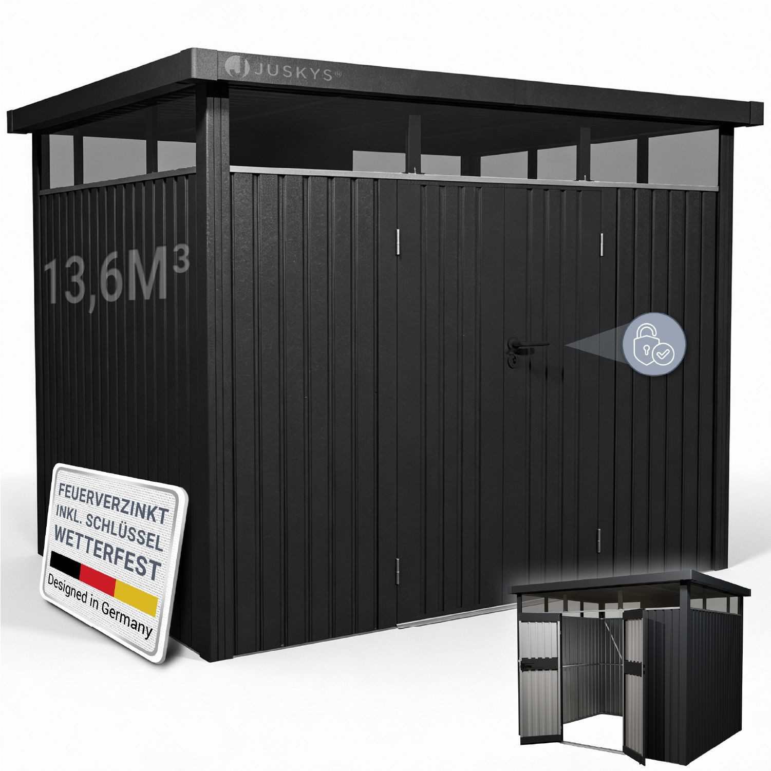 Juskys Gartenhaus Luzern, BxT: 294x256 cm, 7,8 m², Metall, wetterfest, langlebig, Fenster & abschließbare Tür