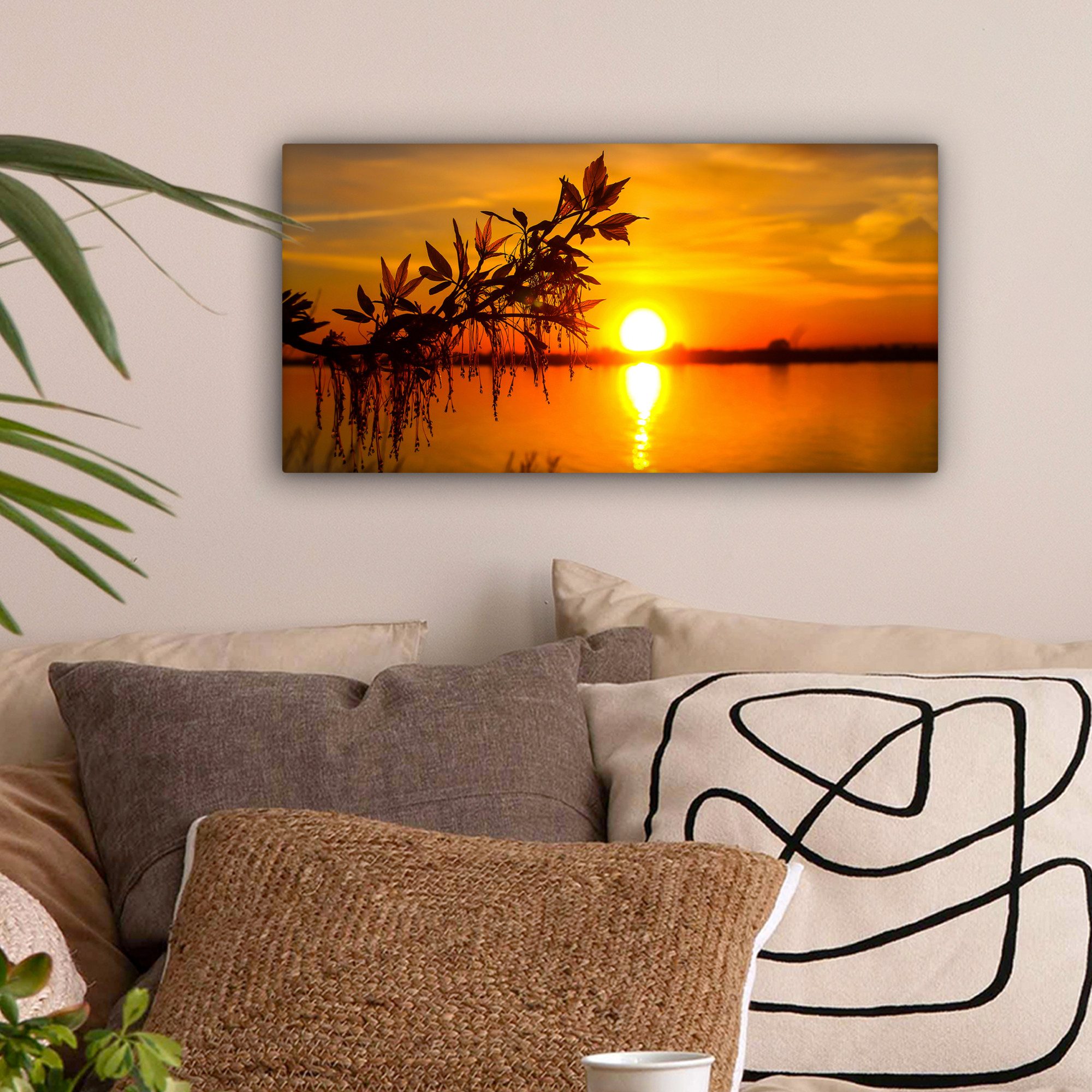 OneMillionCanvasses® Leinwandbild Panorama Sonnenuntergang - Wasser - Pflan günstig online kaufen