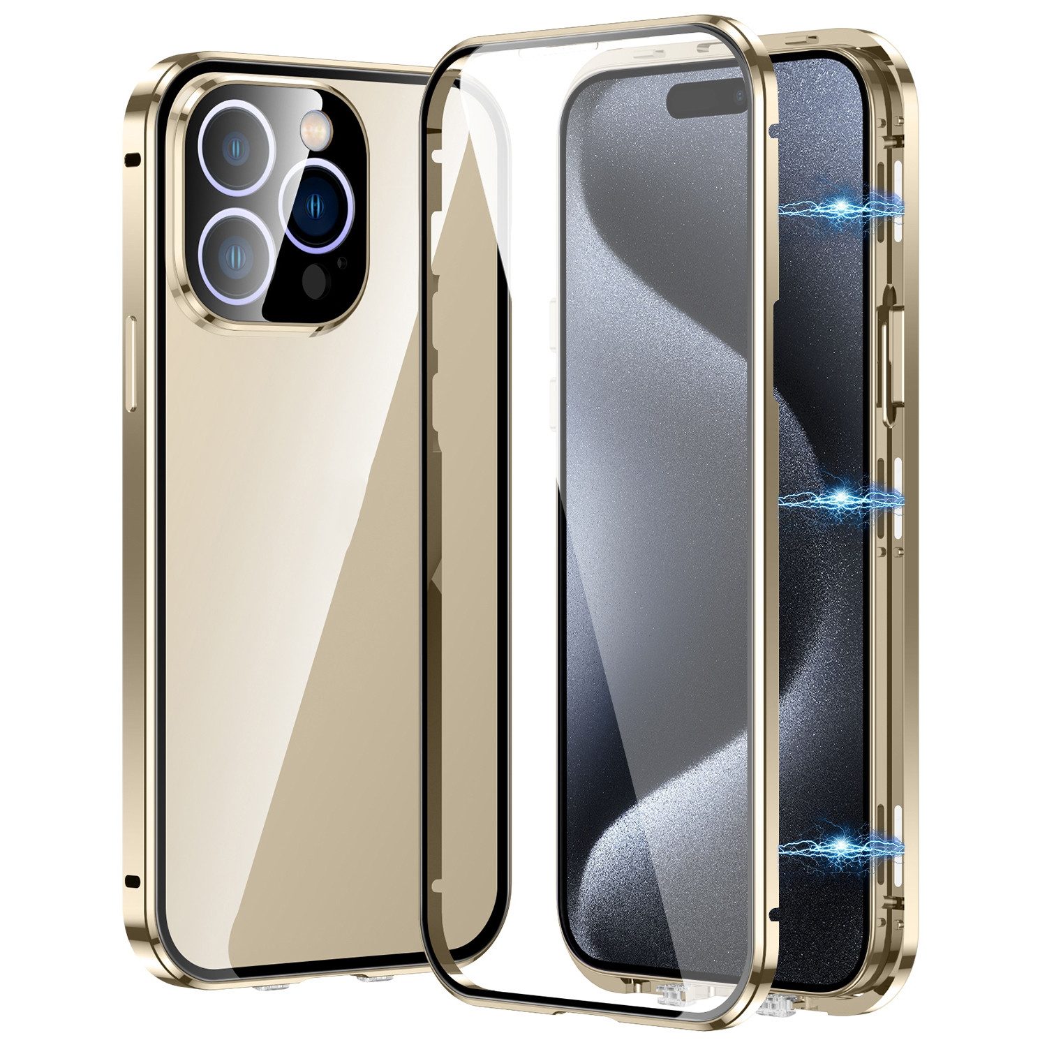 Wigento Handyhülle Für Apple iPhone 16 Pro Beidseitiger Magnet Glas Hülle Bumper Gold, Magnetische Metallrahmenhülle mit beidseitigem Hartglas