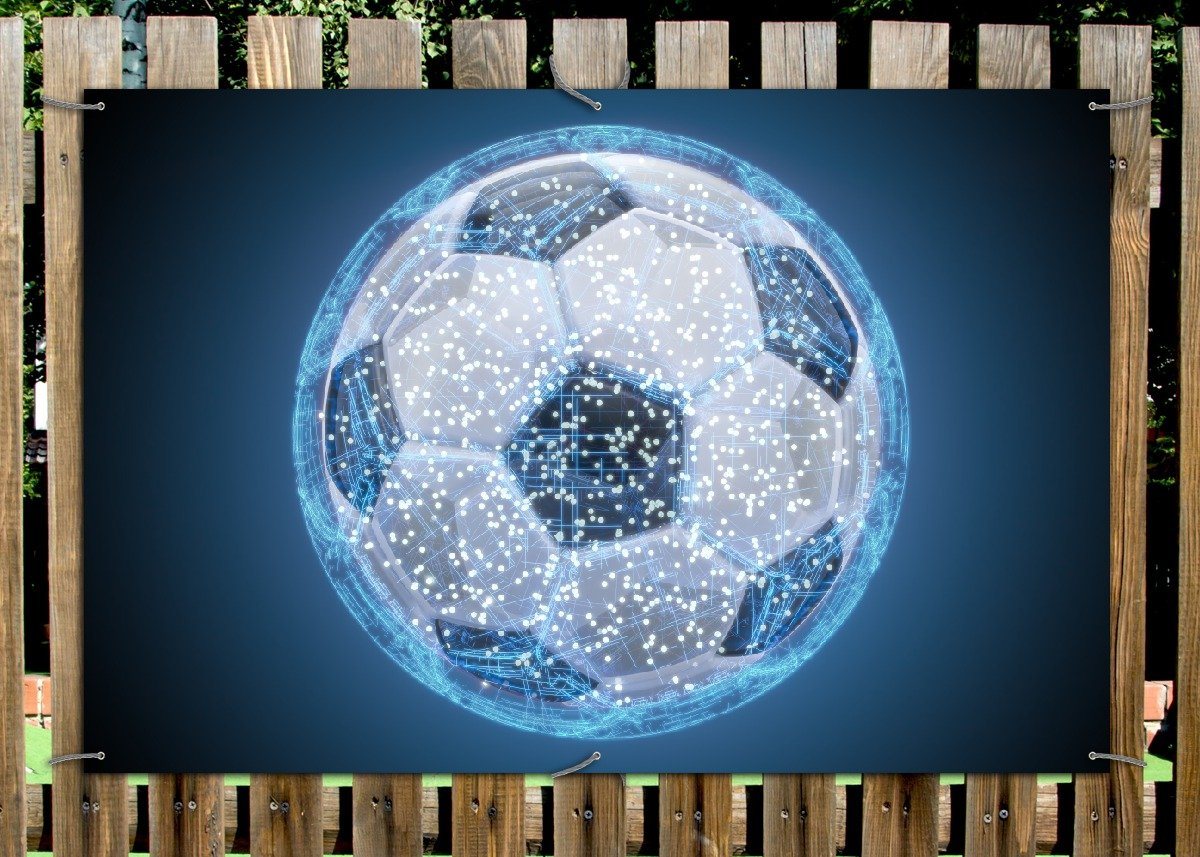 Thumbnail - Wallario Sichtschutzzaunmatten Fußball digital - Netzwerk in blau