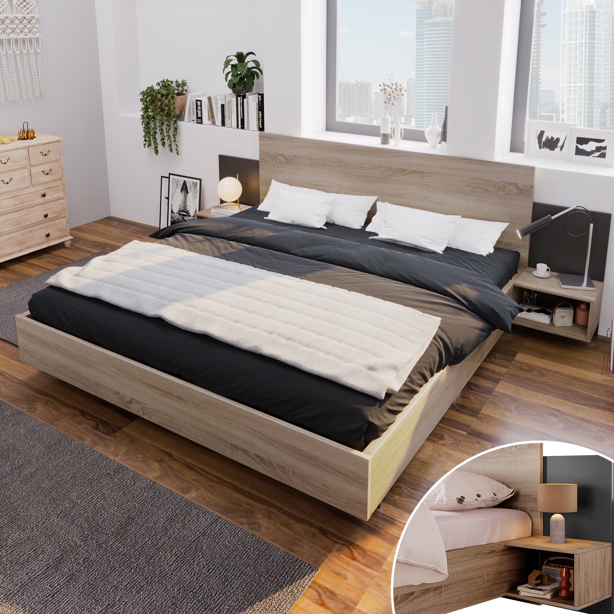 OKWISH Massivholzbett Natur Bett Solide (140x200cm mit Lattenrost ohne  Matratze), mit 2 Nachtkommoden Modernes Bett inkl