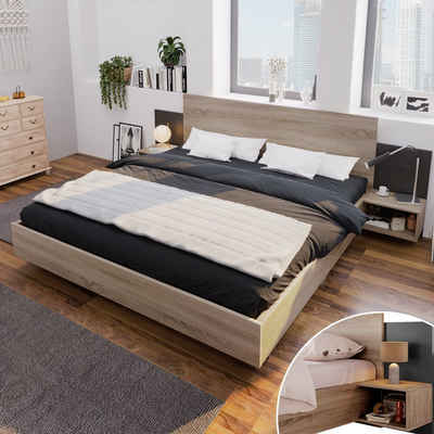 OKWISH Massivholzbett Natur Bett Solide (160x200cm mit Lattenrost ohne Matratze), mit 2 Nachtkommoden Modernes Bett inkl