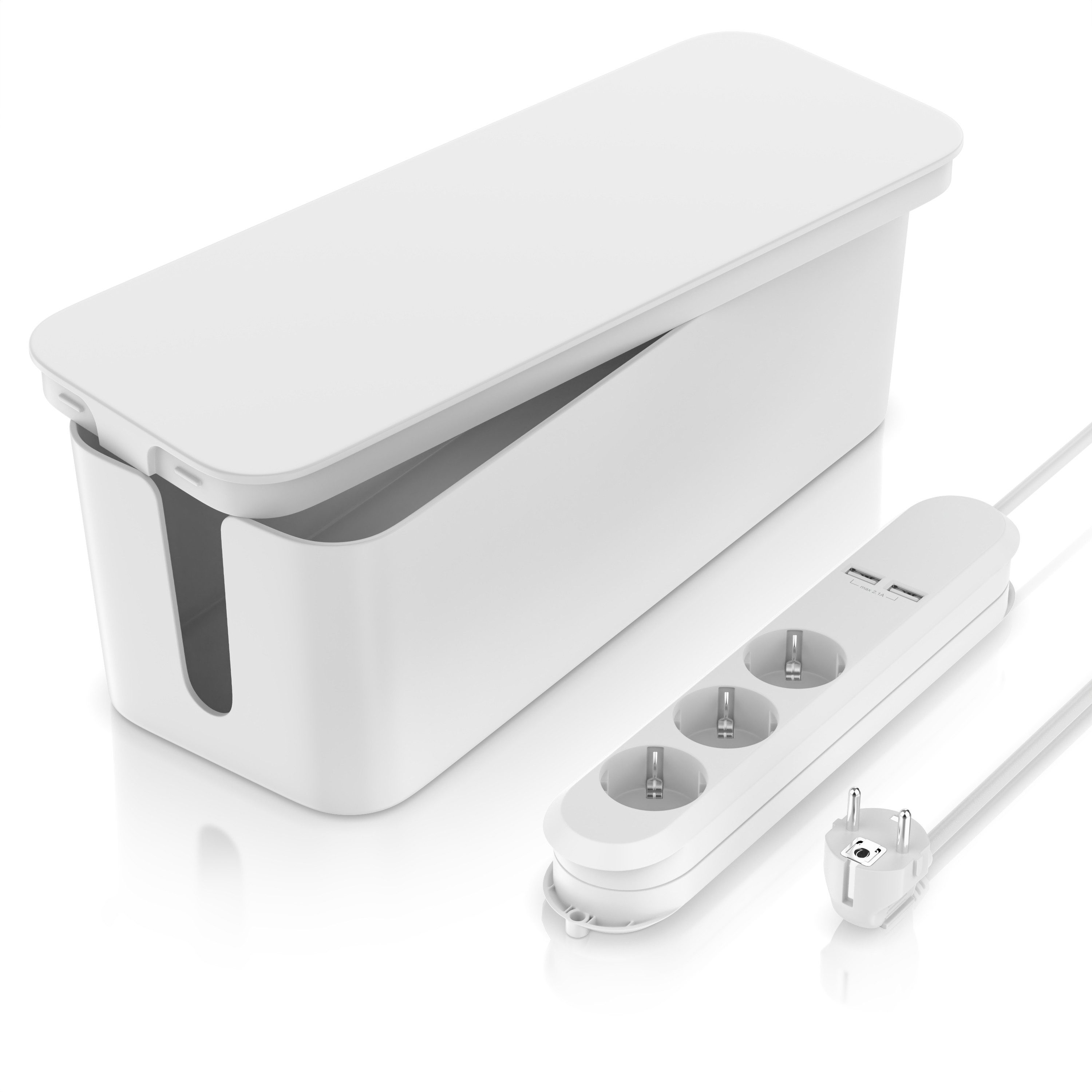 BEARWARE 3 Fach Steckerleiste mit 2X USB Ladeports & Kabelbox im Set, weiß Steckdosenleiste 3-fach (USB-Anschluss, Schutzkontaktstecker, Kindersicherung, Kabellänge 1,50 m), Mehrfachsteckdose mit Berührungsschutz & passsende Box, 1,5m Kabel