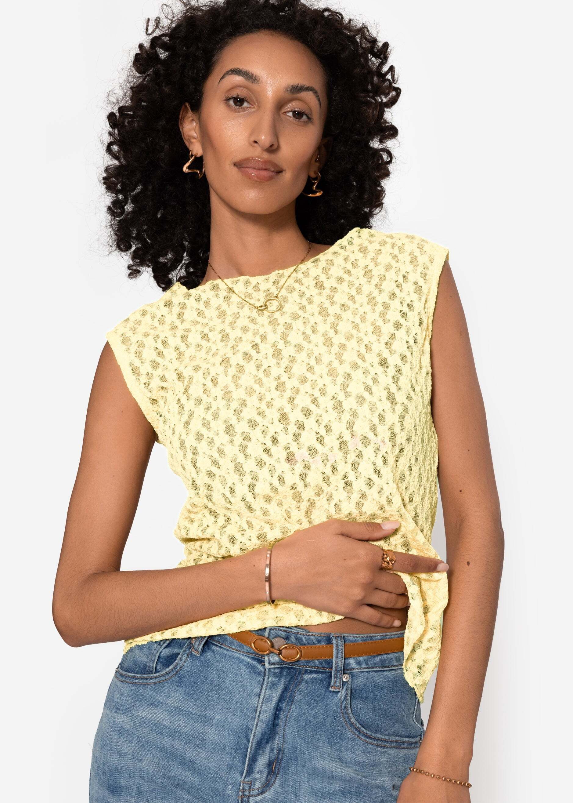 SASSYCLASSY T-Shirt Spitzen-Top für Damen Ärmelloses Top mit floralem Muster und leicht transparentem Stoff
