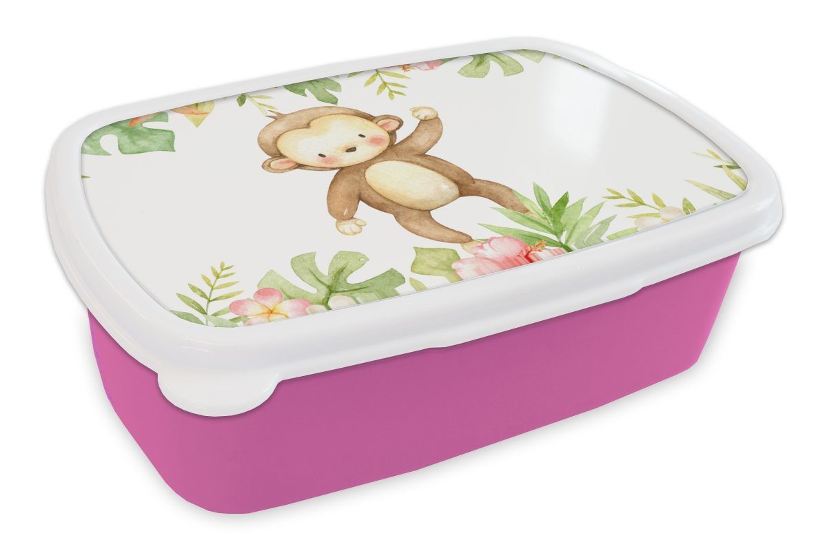MuchoWow Lunchbox Affe - Dschungel - Aquarell, Kunststoff, (2-tlg), Brotbox für Erwachsene, Brotdose Kinder, Snackbox, Mädchen, Kunststoff rosa