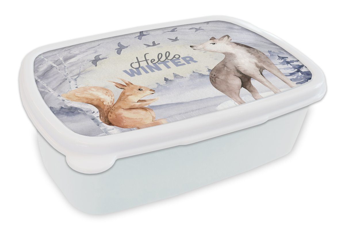 MuchoWow Lunchbox Schnee - Winter - Tiere, Kunststoff, (2-tlg), Brotbox für Kinder und Erwachsene, Brotdose, für Jungs und Mädchen weiß