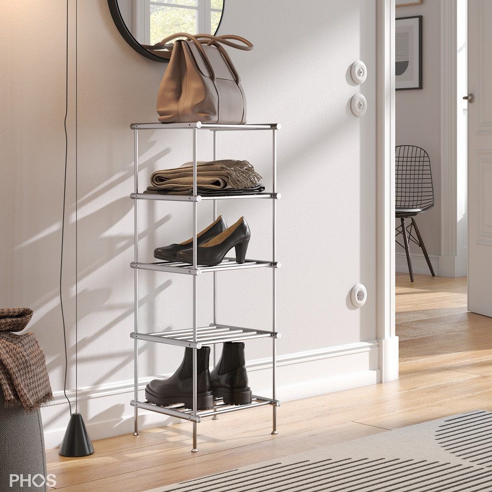 PHOS Design Schuhregal und Schuhablage aus Edelstahl: 30 - 120cm Breite, 1 - 5 Ablageflächen, Modell: SR700-5, freistehend - 100% Made in Germany