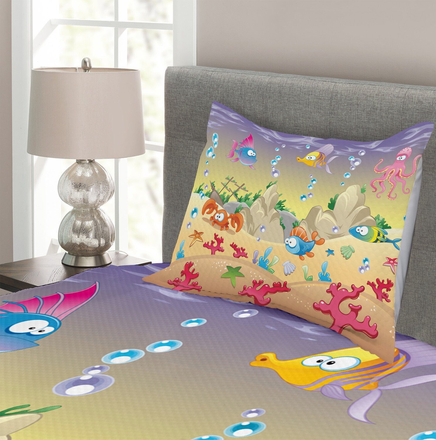 Tagesdecke Set mit Kissenbezügen Cartoon Waschbar, Kinder Unterwasser- Abakuhaus, lustig