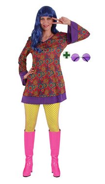 Karneval-Klamotten Hippie-Kostüm Damenkostüm Woodstock mit Hippie Brille groß, Kleid lila-bunt, V-Ausschnitt, mit Haarband und flieder Brille