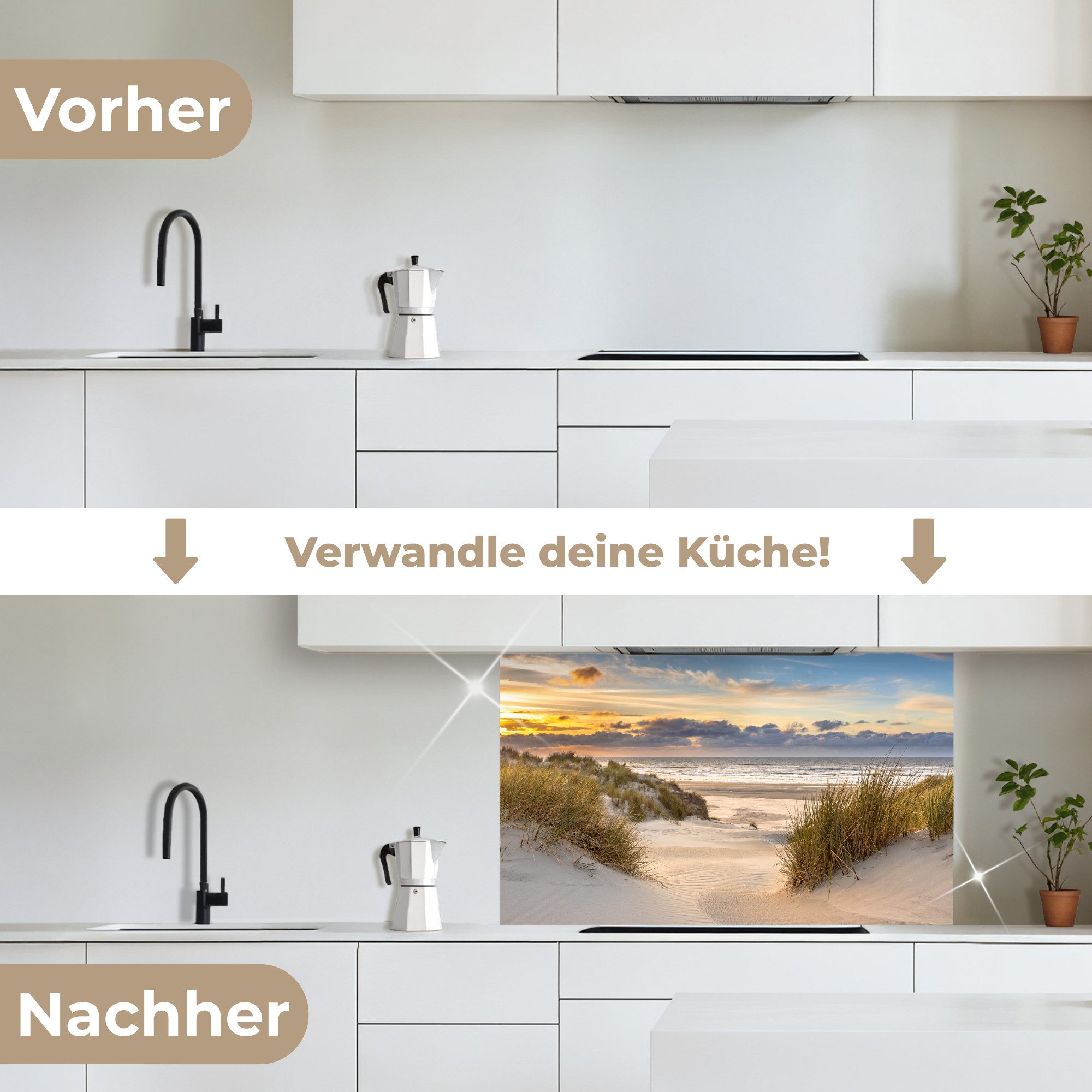 KitchenYeah Küchenrückwand selbstklebend Strand - Düne - Gras - Sonnenuntergang - Meer, (1-tlg), Küchenspritzschutz, Küche, Rückwand, Küchenwand, Wandschutz, 100x60 cm