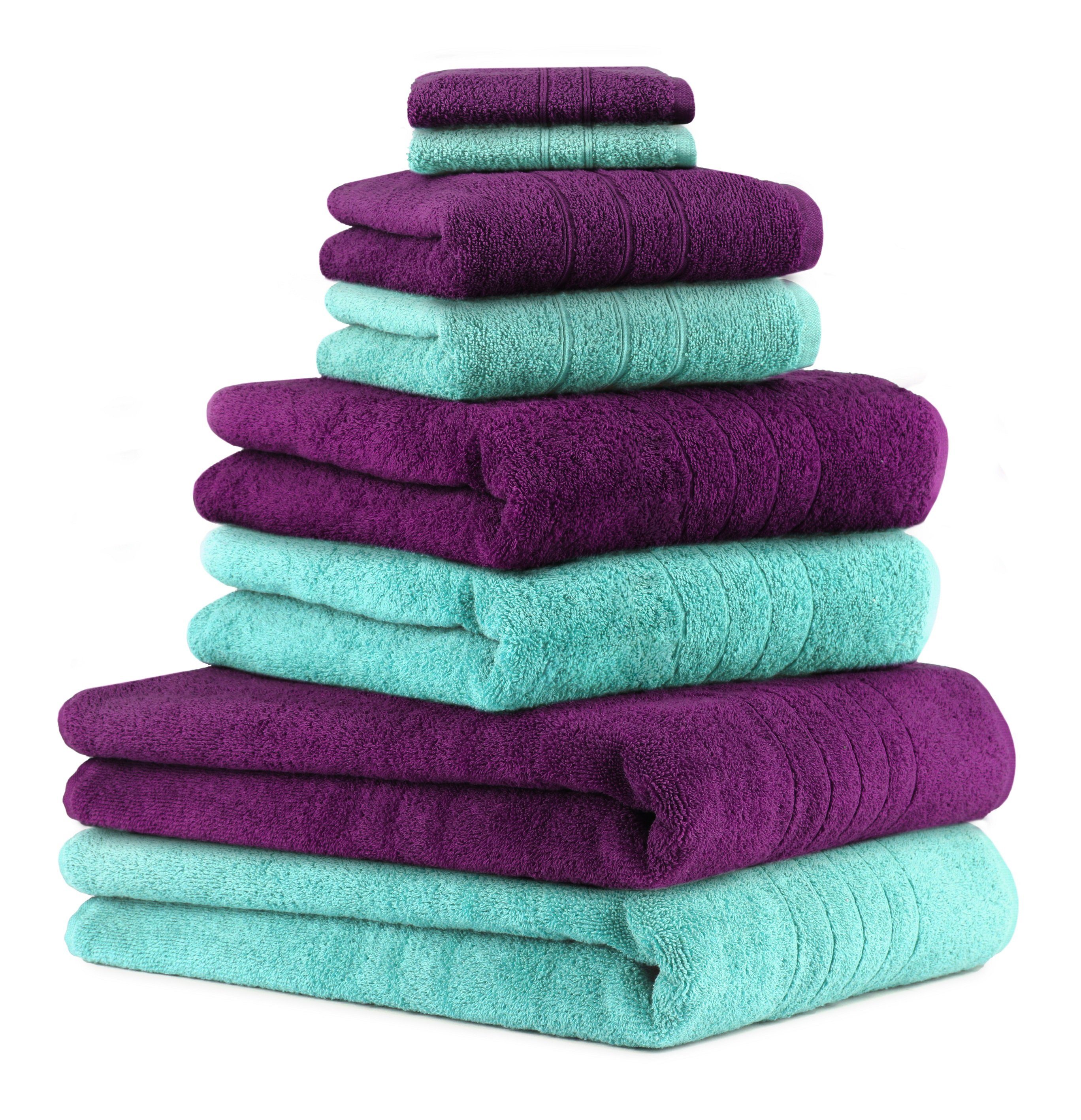 Betz Handtuch Set 8-TLG. Handtuch-Set Deluxe 100% Baumwolle 2 Badetücher 2 Duschtücher 2 Handtücher 2 Seiftücher Farbe Pflaume und türkis, 100% Baumwolle, (8-tlg)