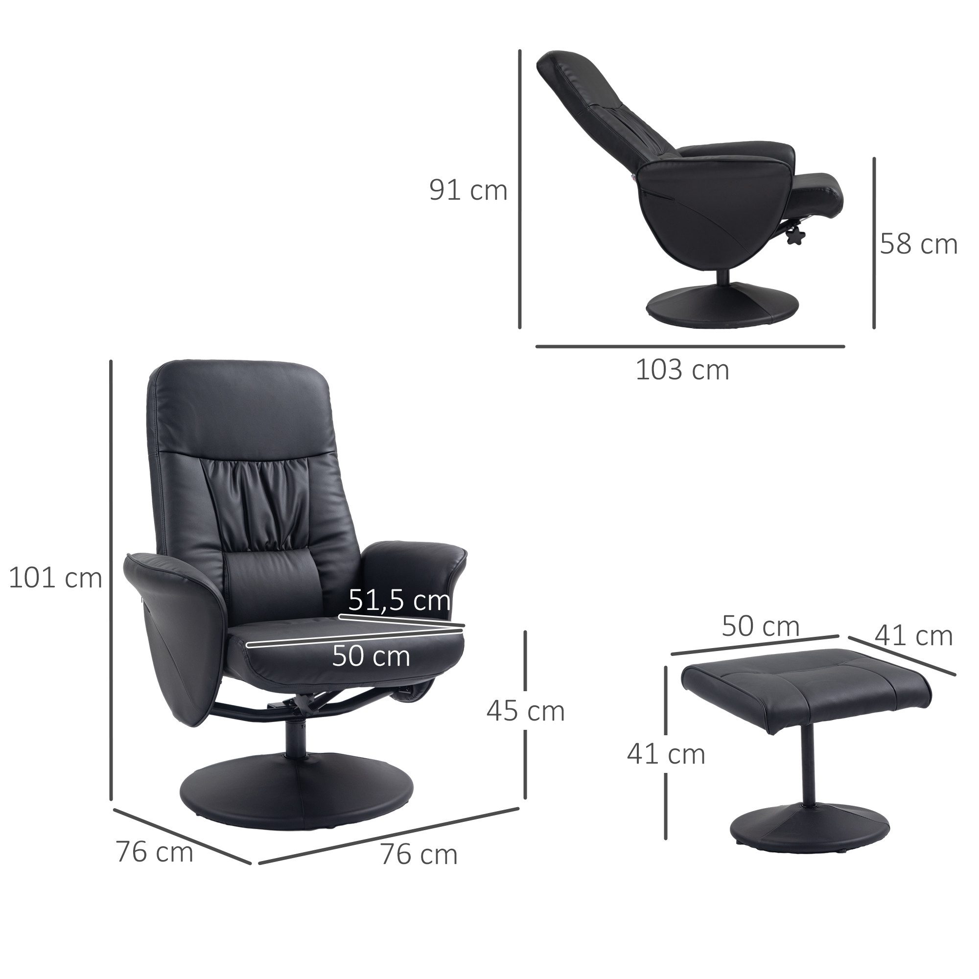 HOMCOM Relaxsessel Fernsehsessel mit Liegefunktion, TV Sessel, Kunstleder (höhenverstellbar, 2-St., neigbare Rückenlehne), Schwarz