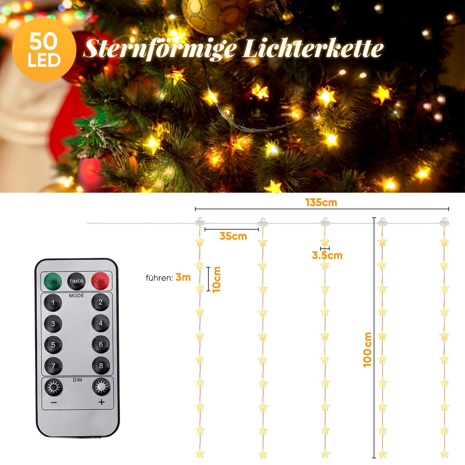 Salcar LED-Lichterkette LED Sternen Lichterkette Weihnachts LED Lichterkette Vorhang USB, 50 Warmweiße LED Sternen – Bild 5 von 5