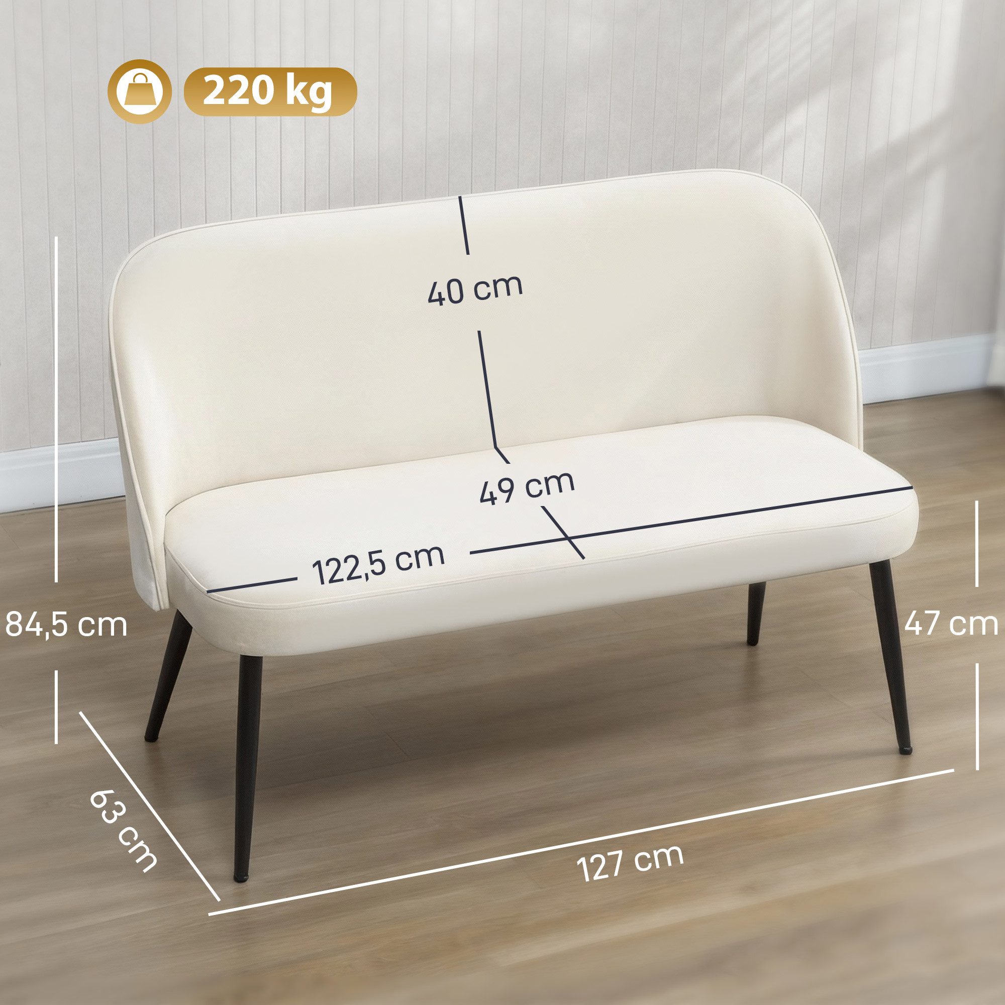 HOMCOM 2-Sitzer Sofa mit Metall- und Holzrahmen, Couch 1 Teile, samtartiger Stoffbezug, Beige