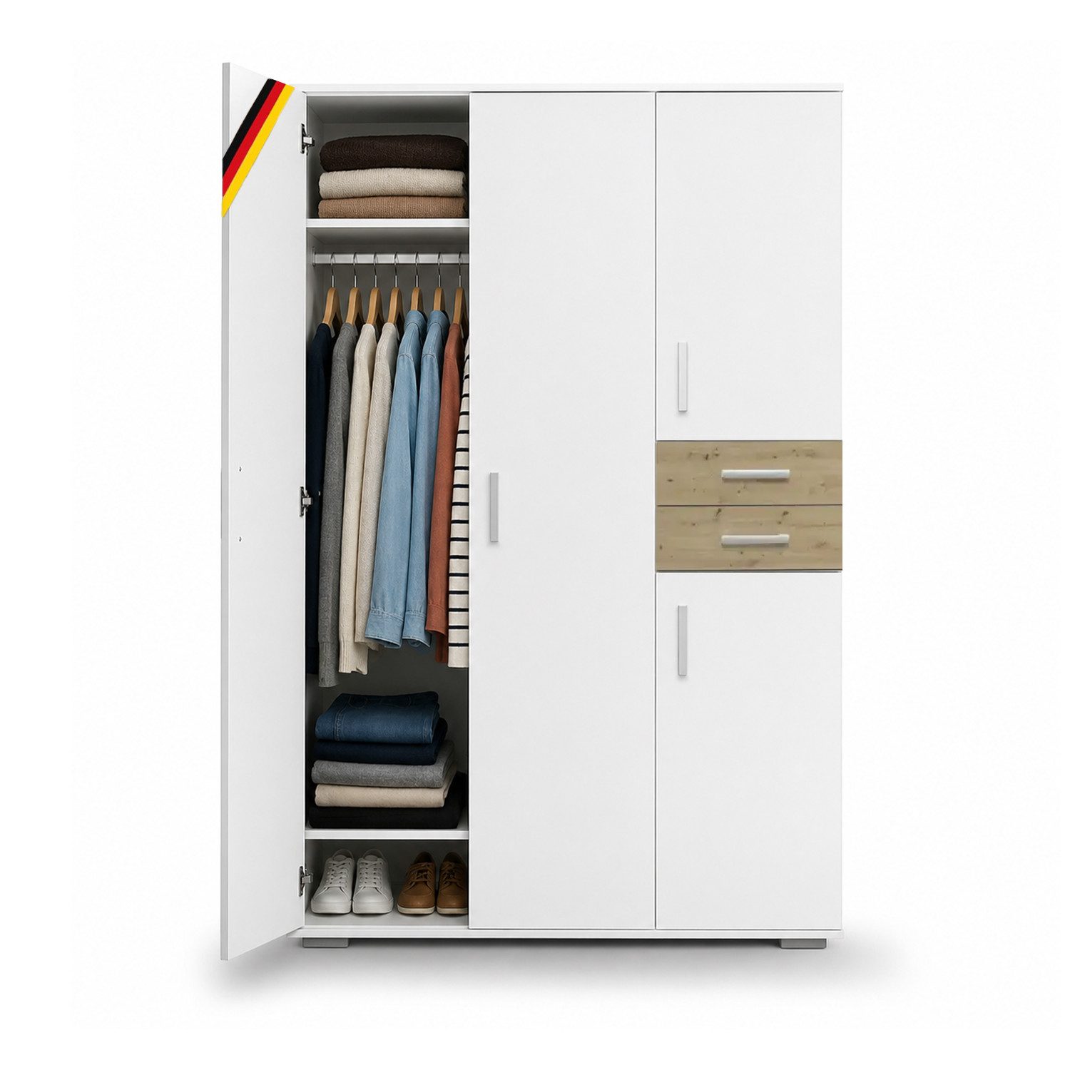 Storado Kleiderschrank Sienna 132×189×54cm, Kleiderschrank mit 4 Türen, Farbe wählbar 4 Türen und 2 Schubladen für großzügigen Stauraum