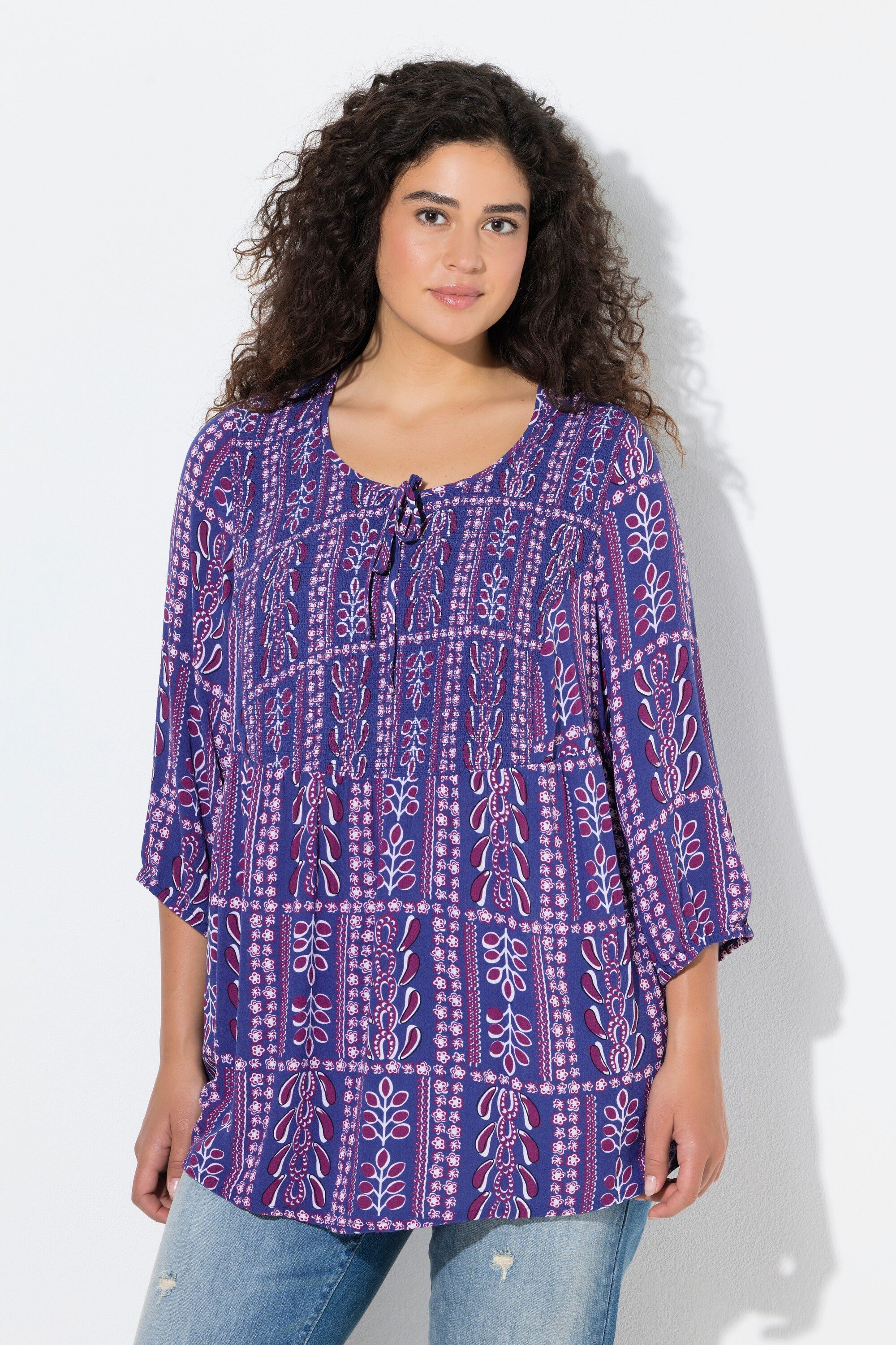 Ulla Popken Longbluse Smokbluse gemustert Rundhals 3/4-Arm Krepp günstig online kaufen