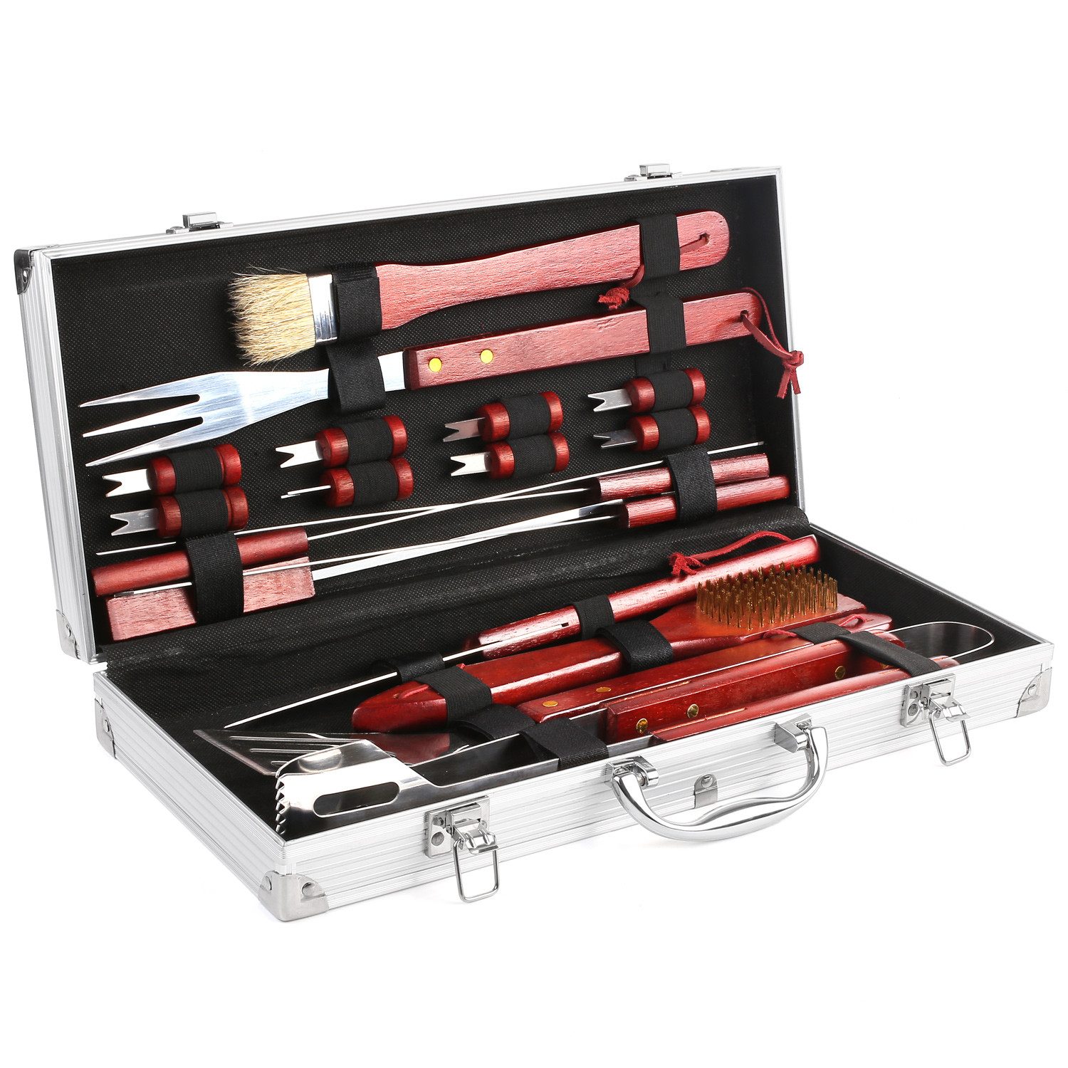 TLGREEN Grillbesteck-Set,18 Stück BBQ Grillzubehör, (Verbrühungssicherer Holzgriff,Grillset aus Edelstahl mit Aluminium Koffer), Grill Zubehör für Camping im Innenhof