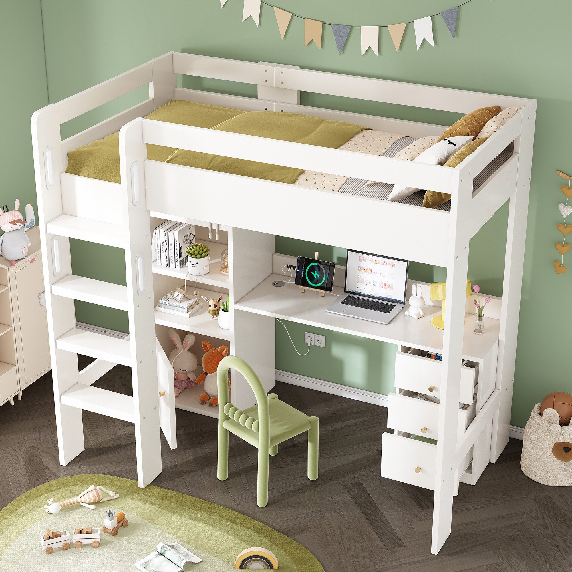Merax Loft Bed (1-pc) Children's Bed 90x200 with Desk, Wardrobe & USB-C, Solid Wood