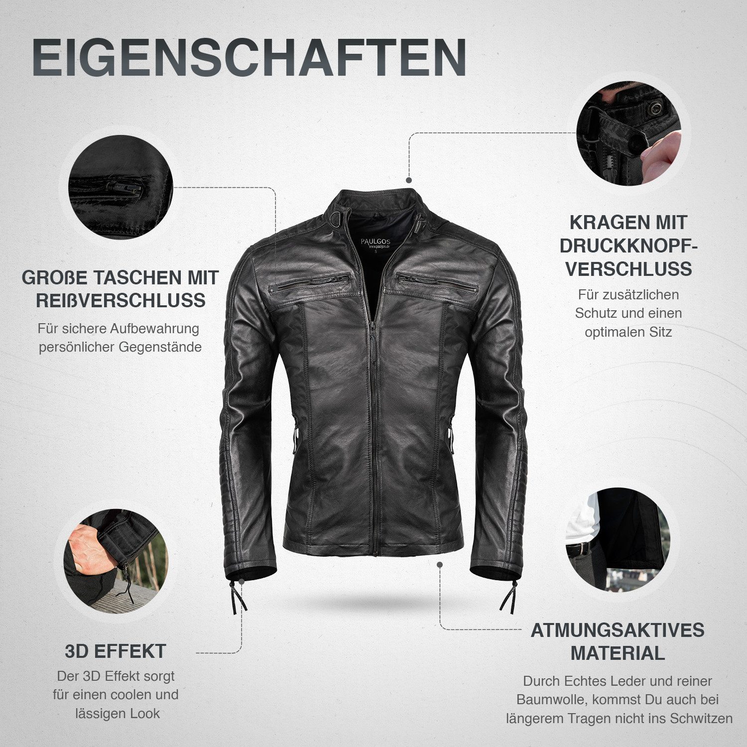 PAULGOS Lederjacke Herren Jacke Übergangsjacke Biker Look 100% Echtleder D1