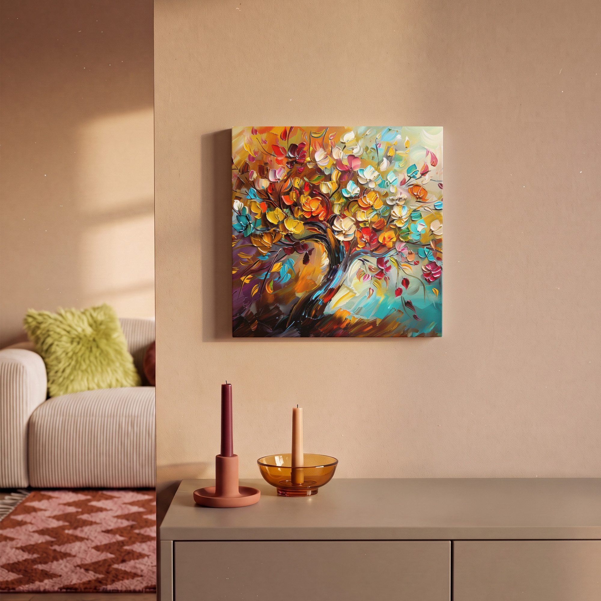 OneMillionCanvasses® Leinwandbild Baum - Abstrakt - Farbenfroh - Blumen, Fotodruck (1 St), Wandbild, Deko Schlafzimmer Wohnzimmer Flur 20x20 cm – Bild 2 von 5