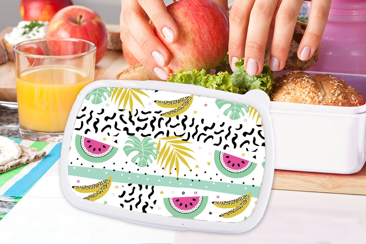 MuchoWow Lunchbox Sommer für für und Brotbox Erwachsene, Kinder (2-tlg), und Mädchen Kunststoff, Brotdose, - Blätter, - Jungs Früchte weiß