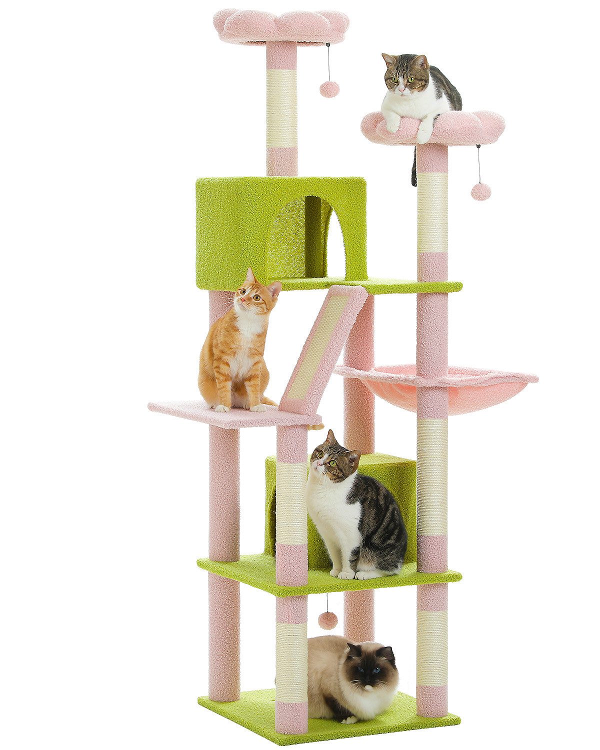 PAWZ Road Kratzbaum Kratzbaum, Großer Spielturm,6 Kratzstämme,2 Kratzbrettern, 180cm, grau, dunkelgrau, beige,rosa