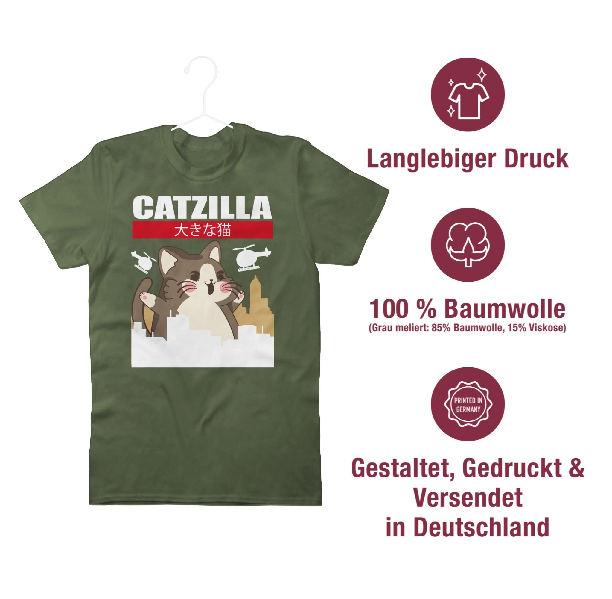 Shirtracer Cat Big Catzilla 3 Army Grün T-Shirt Anime Geschenke -