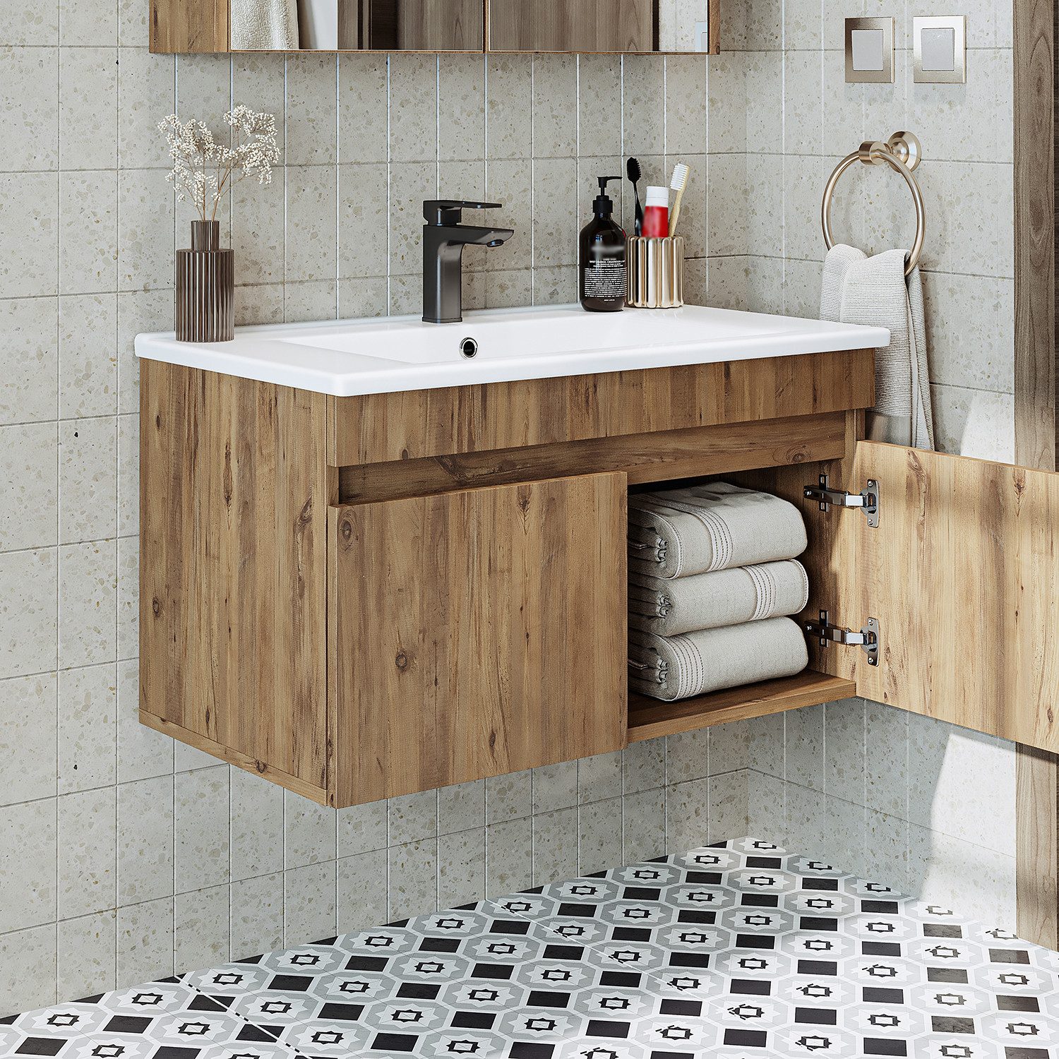 Roomart Waschtisch ATRIA Unterschrank 85 cm, Keramik-Einbaubecken, 4 Farben, Soft-Close (Badmöbel ATRIA 85 cm in 4 Farben Unterschrank mit Waschbecken), Keramik-Einbaubecken, Ablagefläche 15,5 cm, Soft-Close, hängend