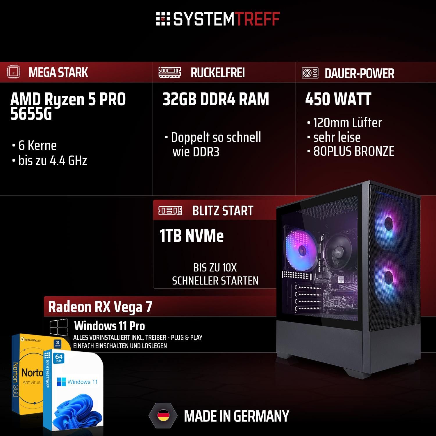 SYSTEMTREFF Basic Gaming-PC (AMD 5655G 5655G, RX Vega 7, 32 GB RAM, 1000 GB SSD, Luftkühlung)