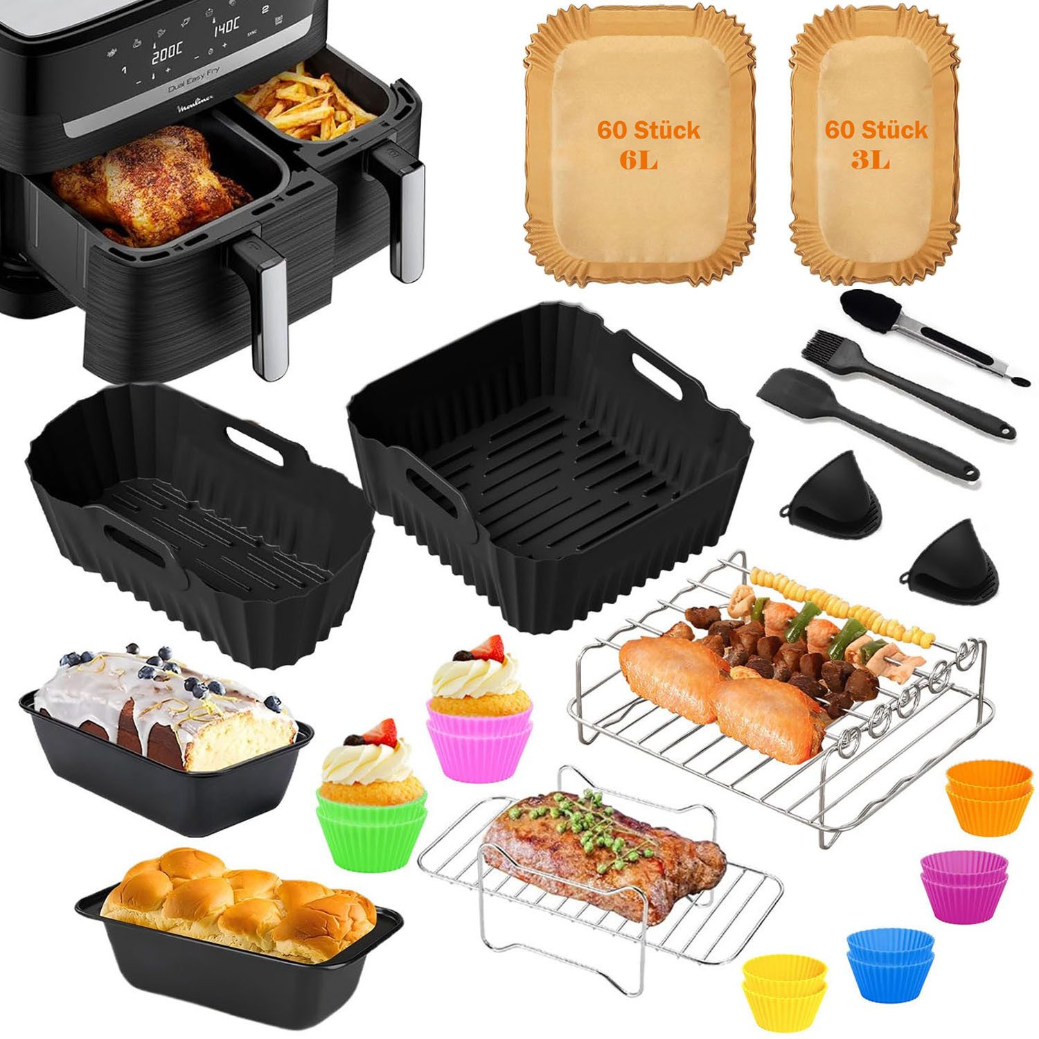 Backform Heißluftfritteuse Zubehör 23-tlg set für Tefal Dual Easy Fry EY9018