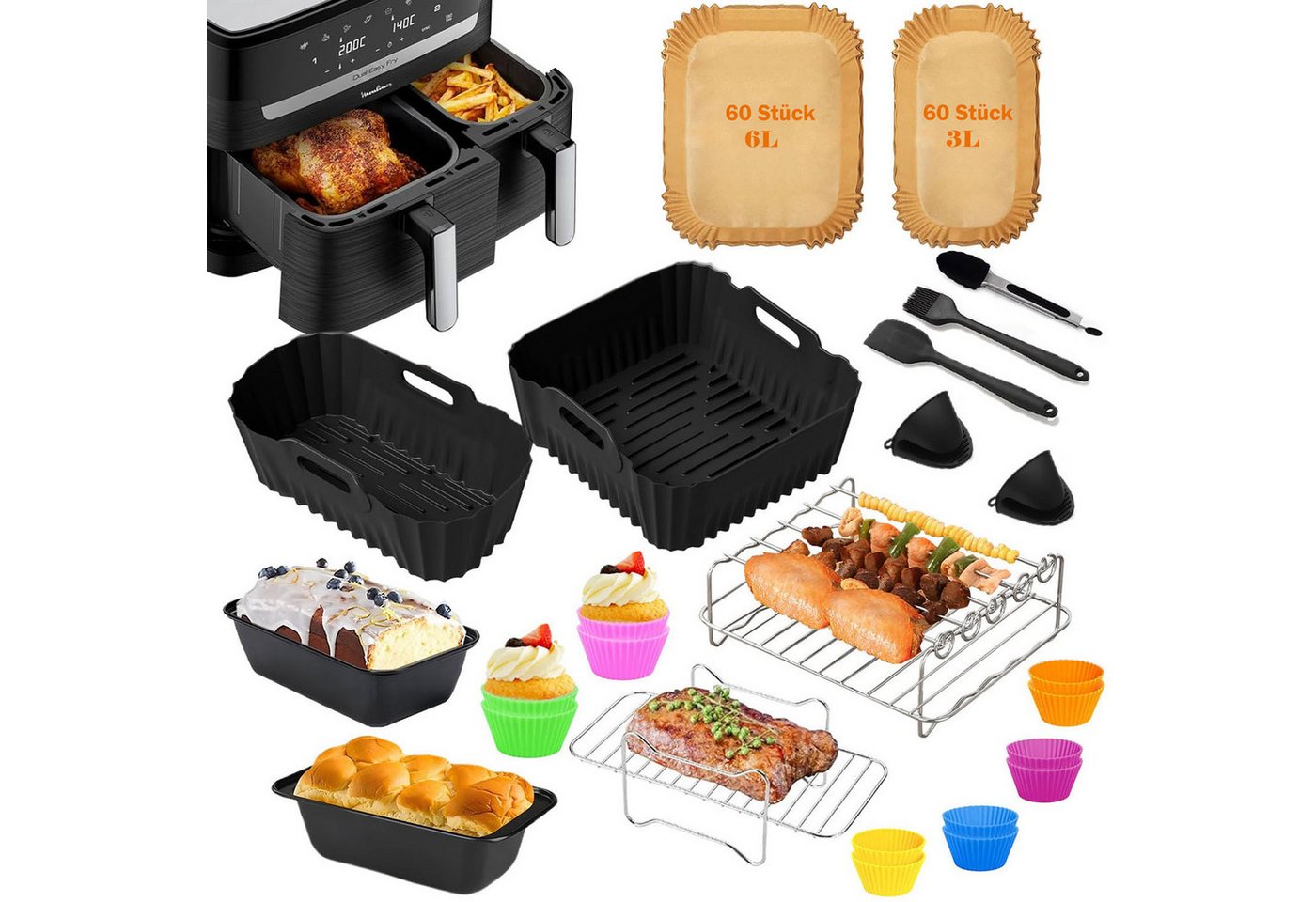SURFOU Backform Heißluftfritteuse Zubehör 28-tlg set für Tefal Dual Easy Fry EY9018, (29-tlg Heißluftfritteuse Zubehör Set für Tefal EY9018 & weitere Dual-Airfryer, Tower T17099, Salter EK5729 – ideal für 3,1L + 5,2L Air Fryer. 29-tlg), Isolate oil stains