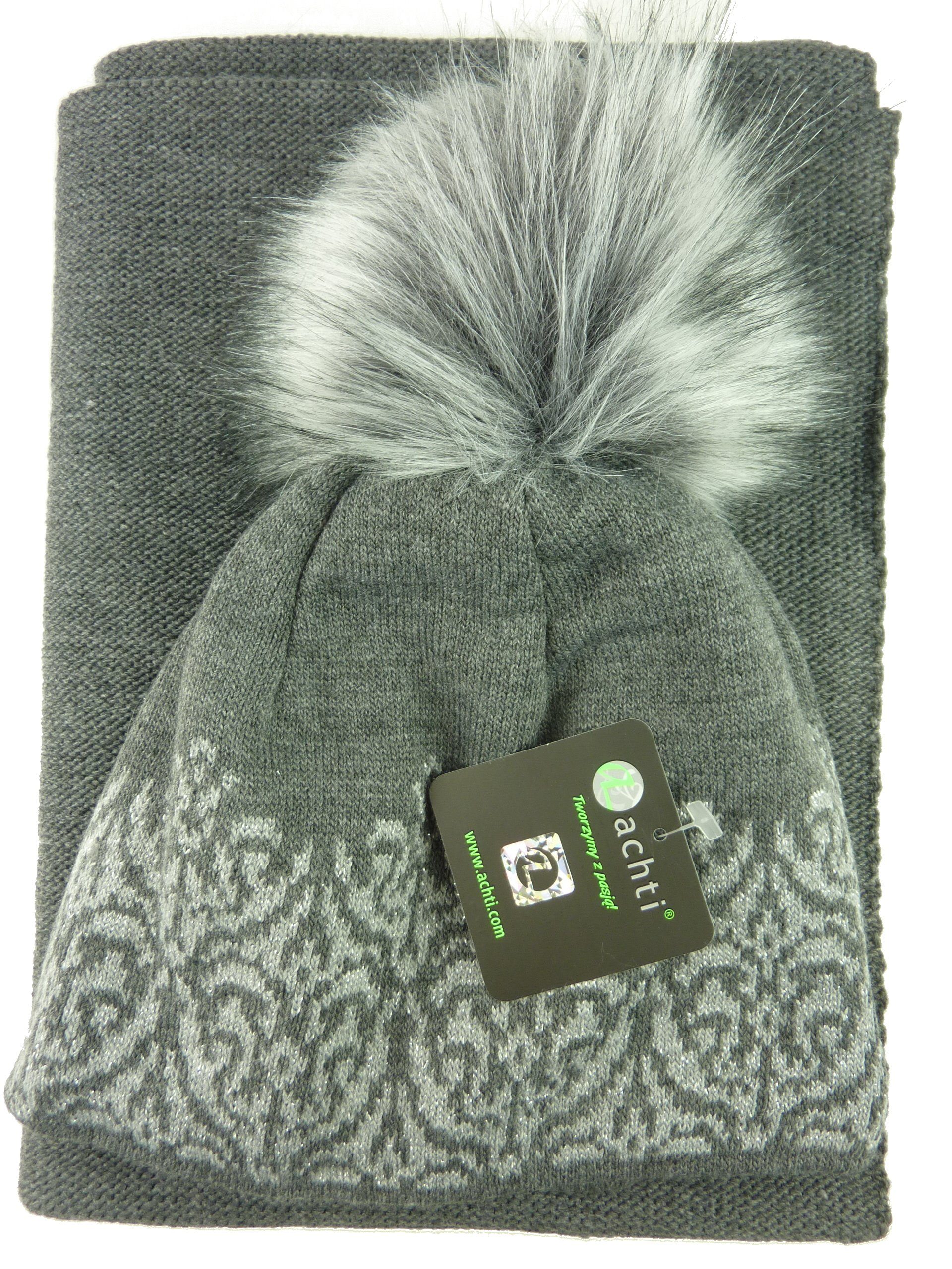Taschen4life Strickmütze Mütze & Schal Set für Damen 1080P (Kombi, 2 teilig) großer Bommel, geometrisches Muster, Lurex Glitzereffekt, Glattstrick