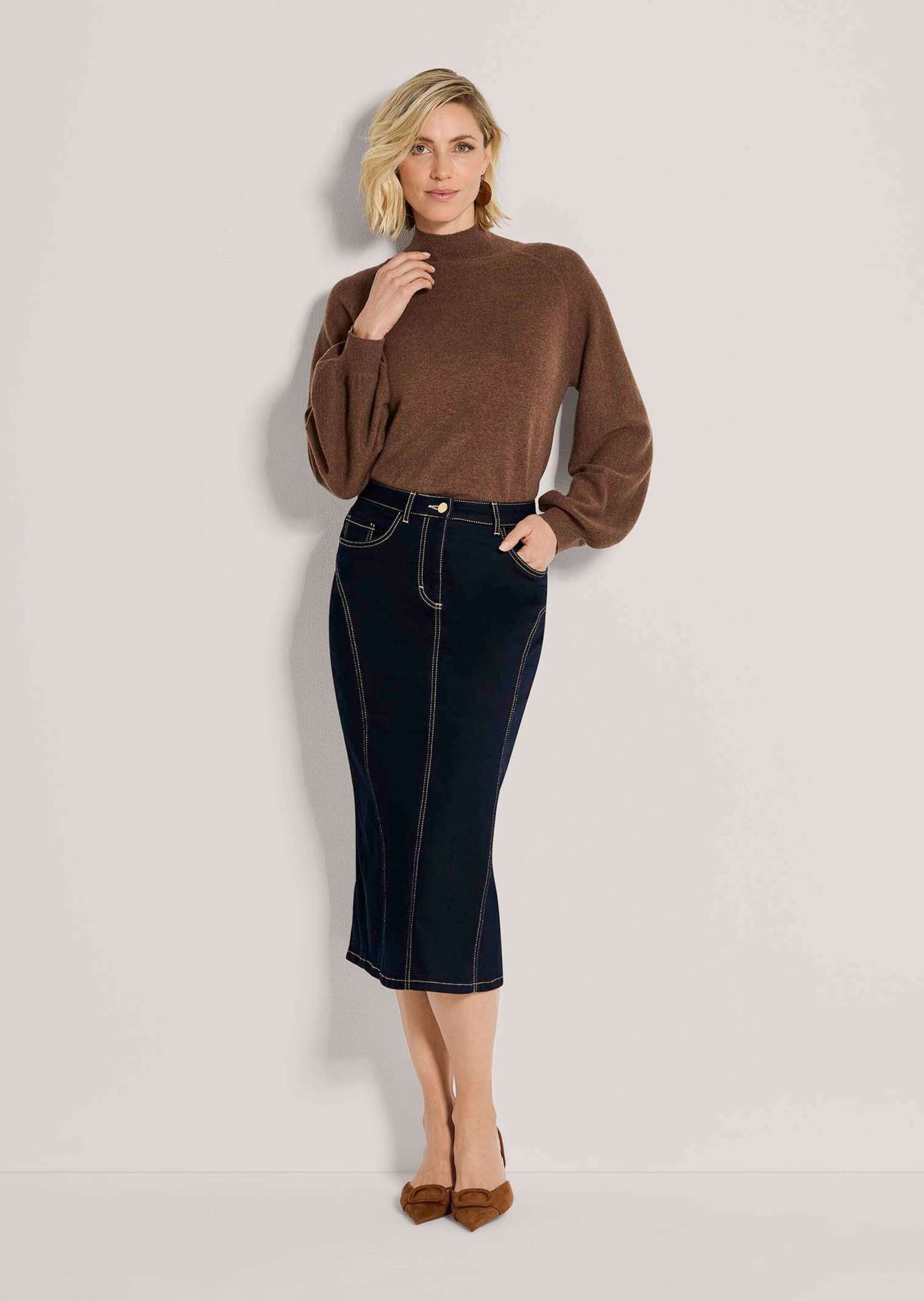 MADELEINE Bleistiftrock Jeansrock in langer Bleistiftform 5-Pocket-Style, Gehschlitz & kontrastfarbene Teilungssteppnähte