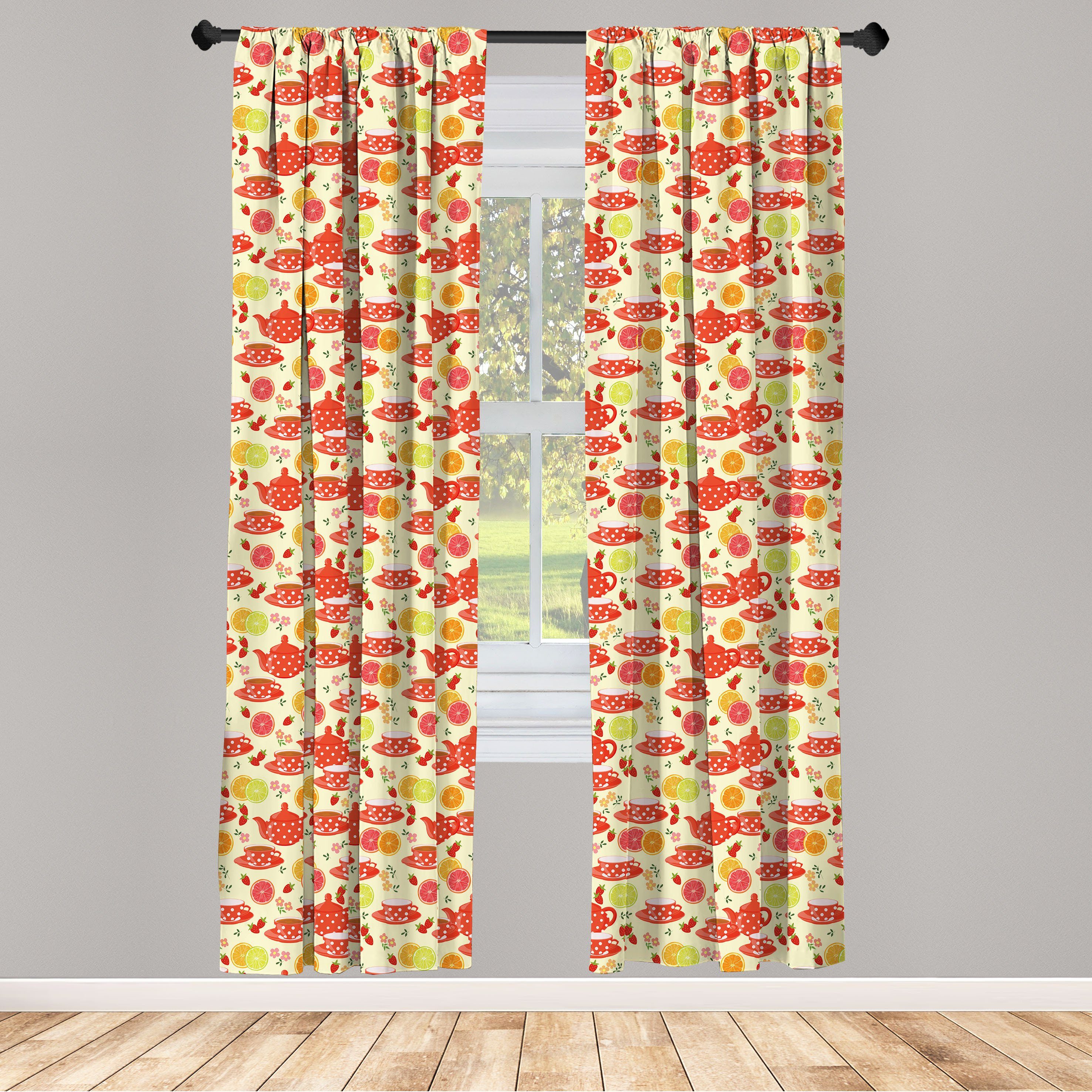 Gardine Vorhang für Wohnzimmer Schlafzimmer Dekor, Abakuhaus, Microfaser, Gelb Cup mit Punkten und Früchten