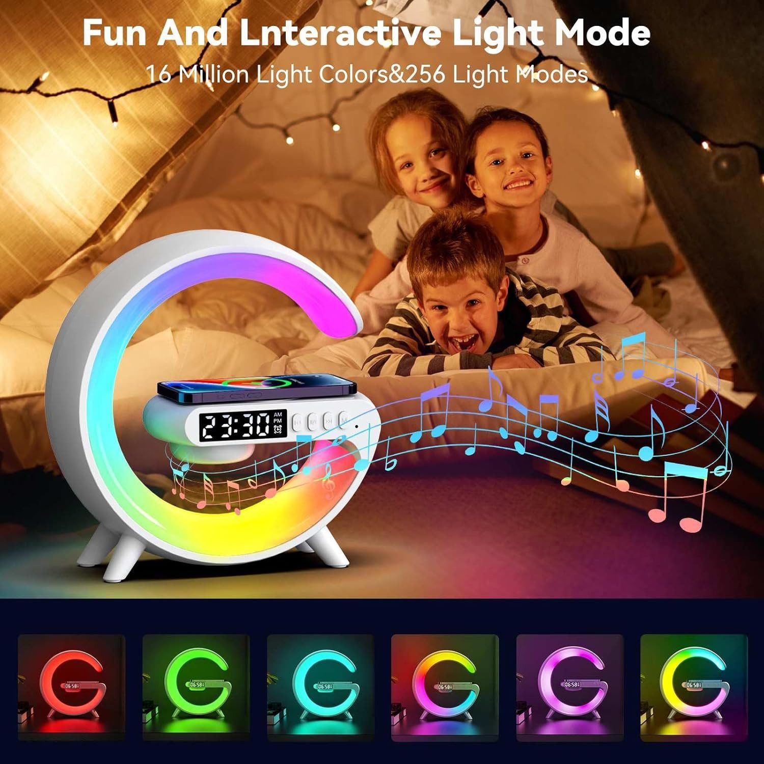 Doramier G-Form mit Bluetooth Lautsprecher Wecker Wireless Charger LED Bluetooth-Speaker 1.0 (3 W, G-Form Design 10 Lichtmodi Musiksteuerung Licht)