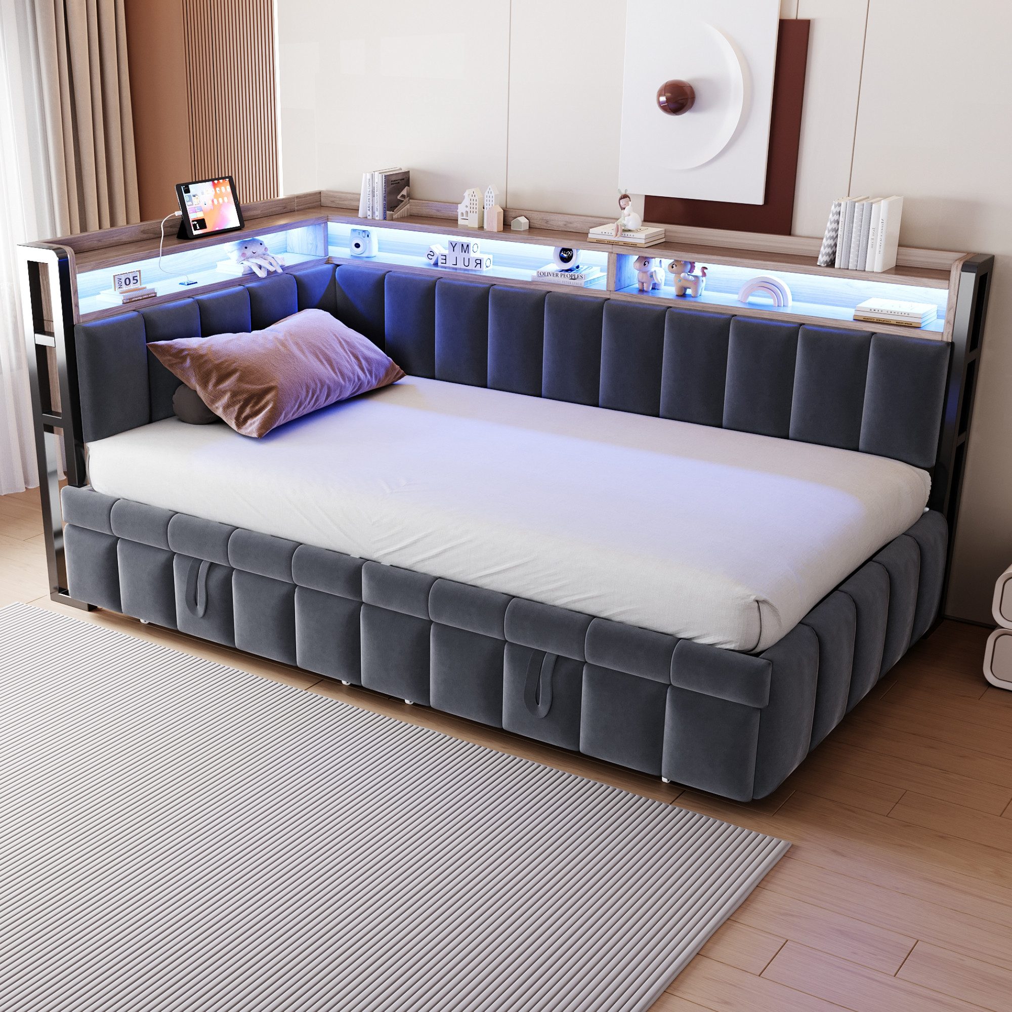 Merax Daybett 90x200cm Schlafsofa mit LED-Beleuchtung & USB-Anschluss (Sofabett Jugendbett Kinderbett, 1 tlg), Polsterbett Samtstoff Tagesbett mit Ausziehbett S – Bild 3 von 5